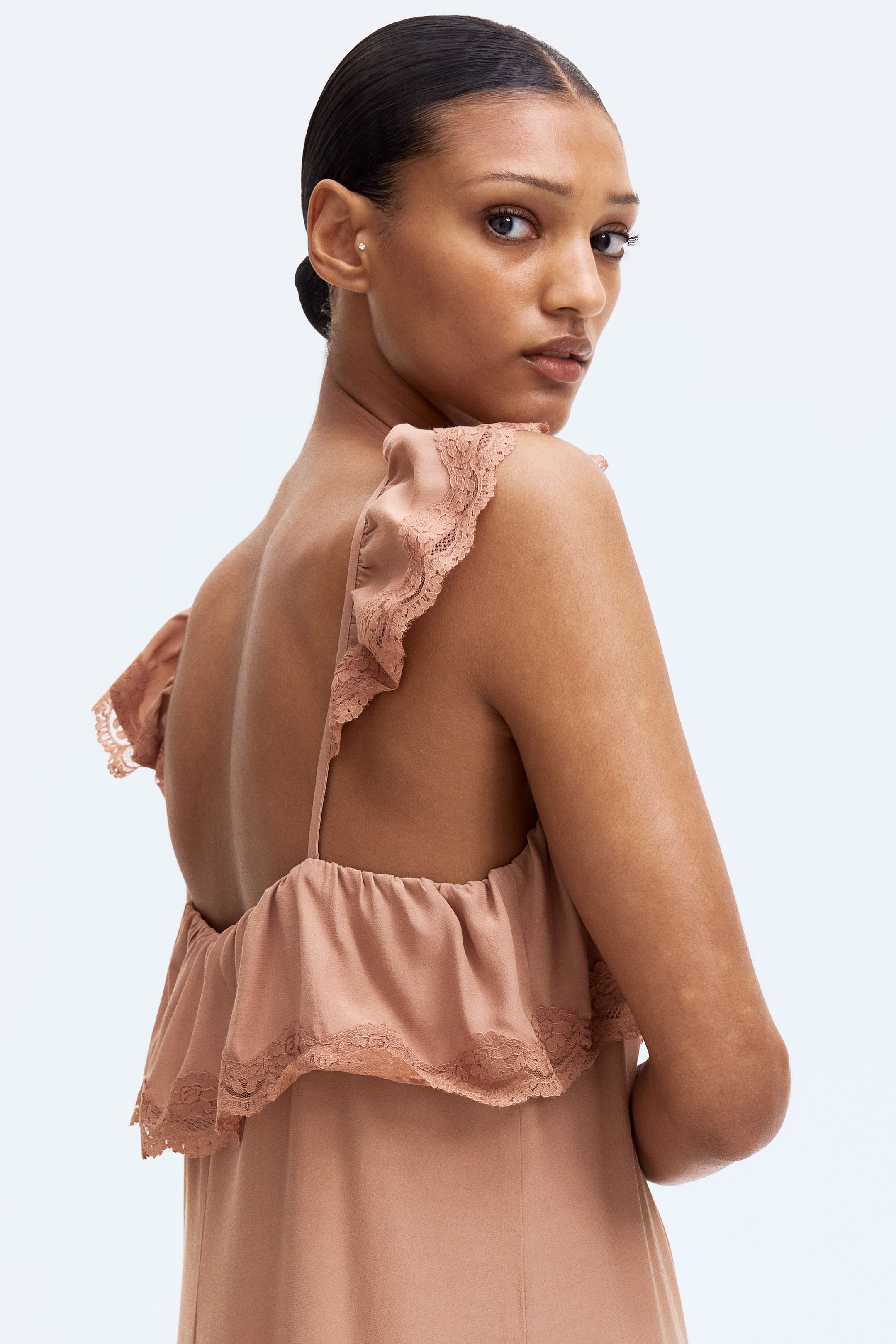 View larger image: Lace-trimmed maxi dress - Dark beige - Ladies | H&M MY 1