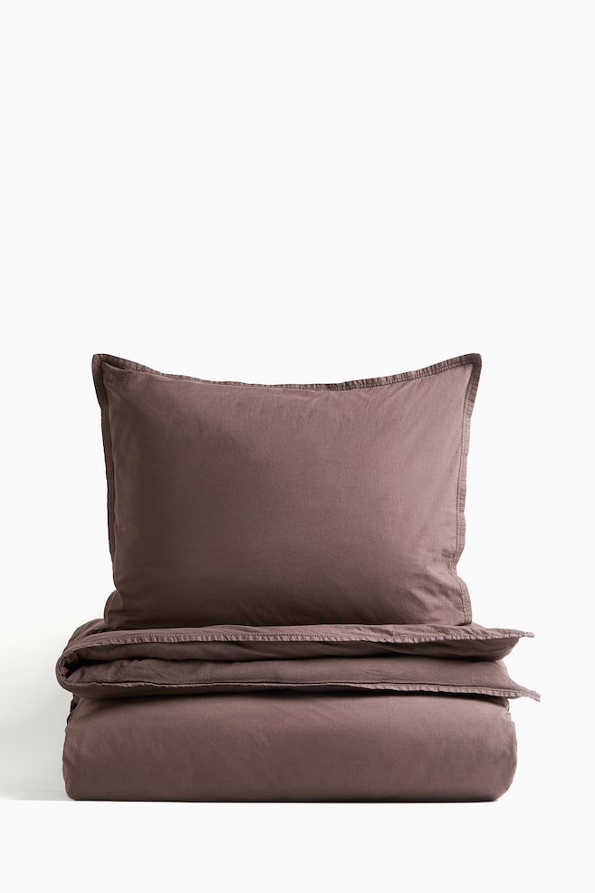Washed cotton single duvet cover set - Dark brown/Light beige - 1