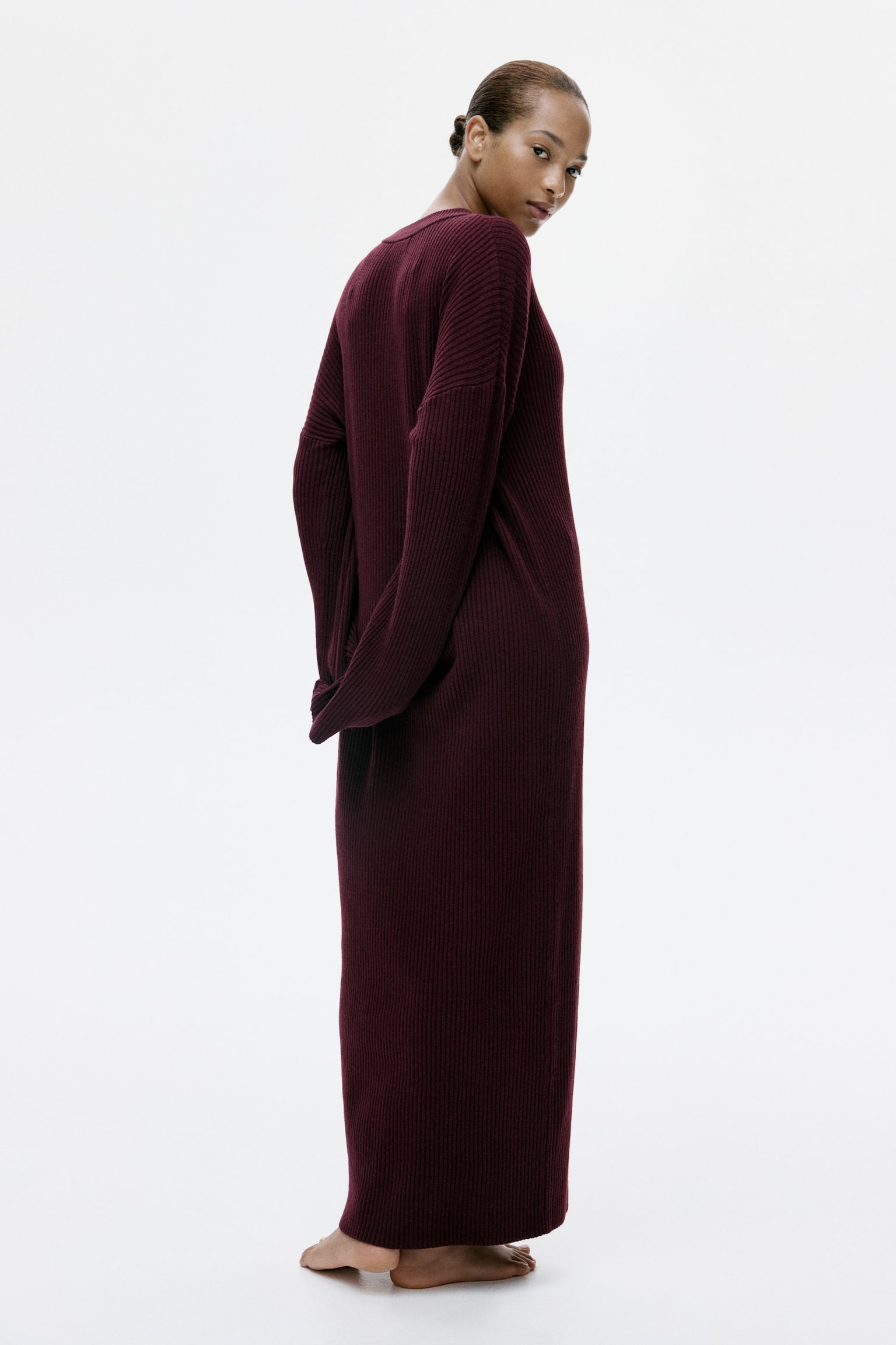 Rib-knit dress - Burgundy/Dark brown - 3