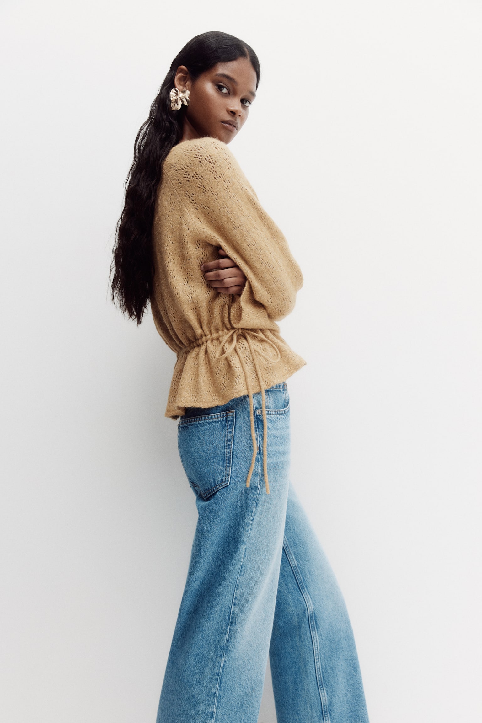 Pointelle-knit peplum top - Beige - 7