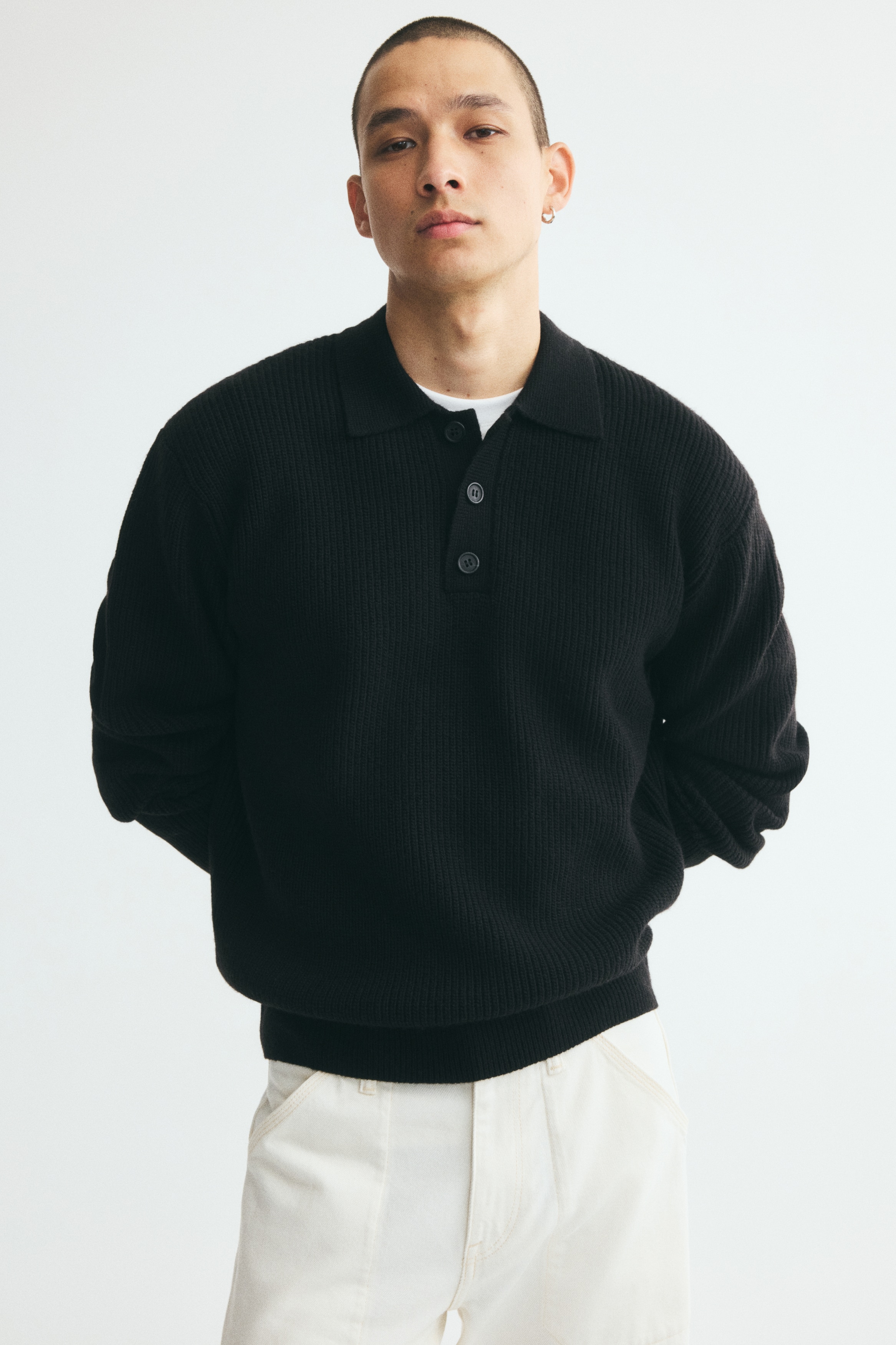 Πλεκτή μπλούζα polo Relaxed Fit - Μαύρο/Ανοιχτό γκρι/Καπουτσίνο
