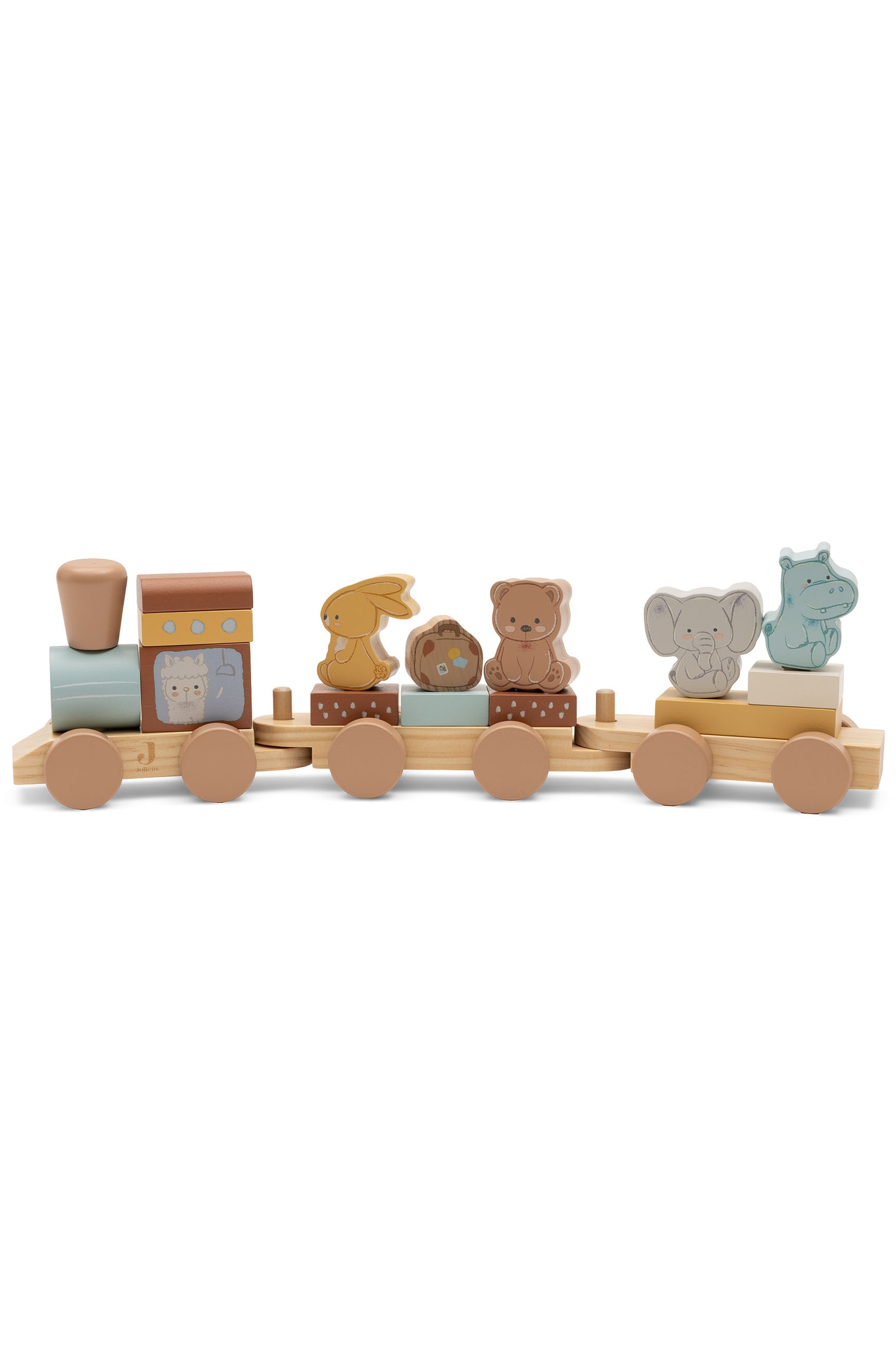 Un train jouet en bois sâÃ©tend en diagonale du bas gauche vers le milieu droit, avec une locomotive et deux wagons plats reliÃ©s. Le train transporte des blocs en bois amovibles en forme dâours, de valise, dâÃ©lÃ©phant, dâhippopotame et de lapin, tous dÃ©corÃ©s dans de douces teintes pastel de bleu, rose, jaune et marron.