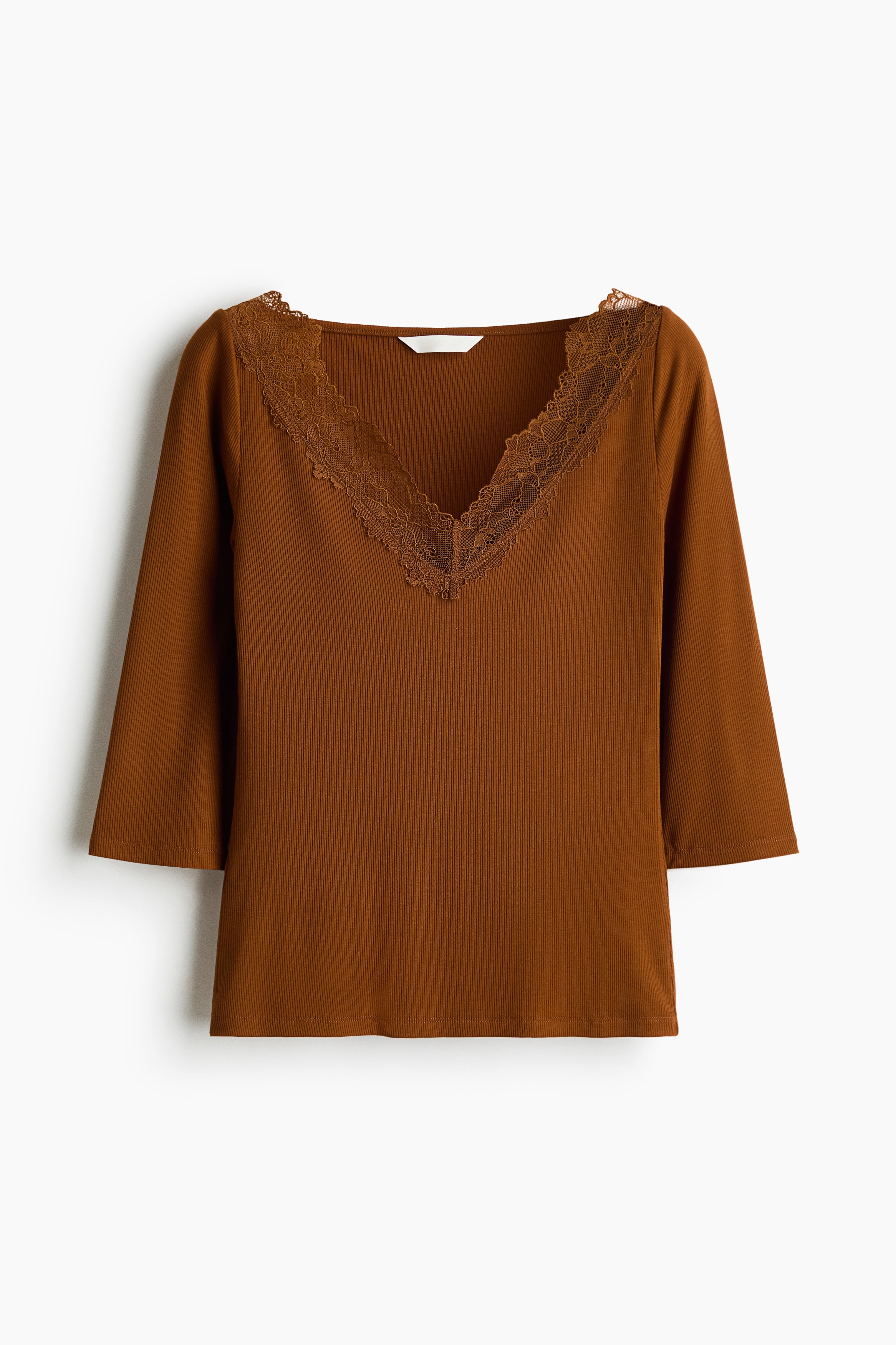 Lace Trim Rib Knit Top - Brown/Cream/Black