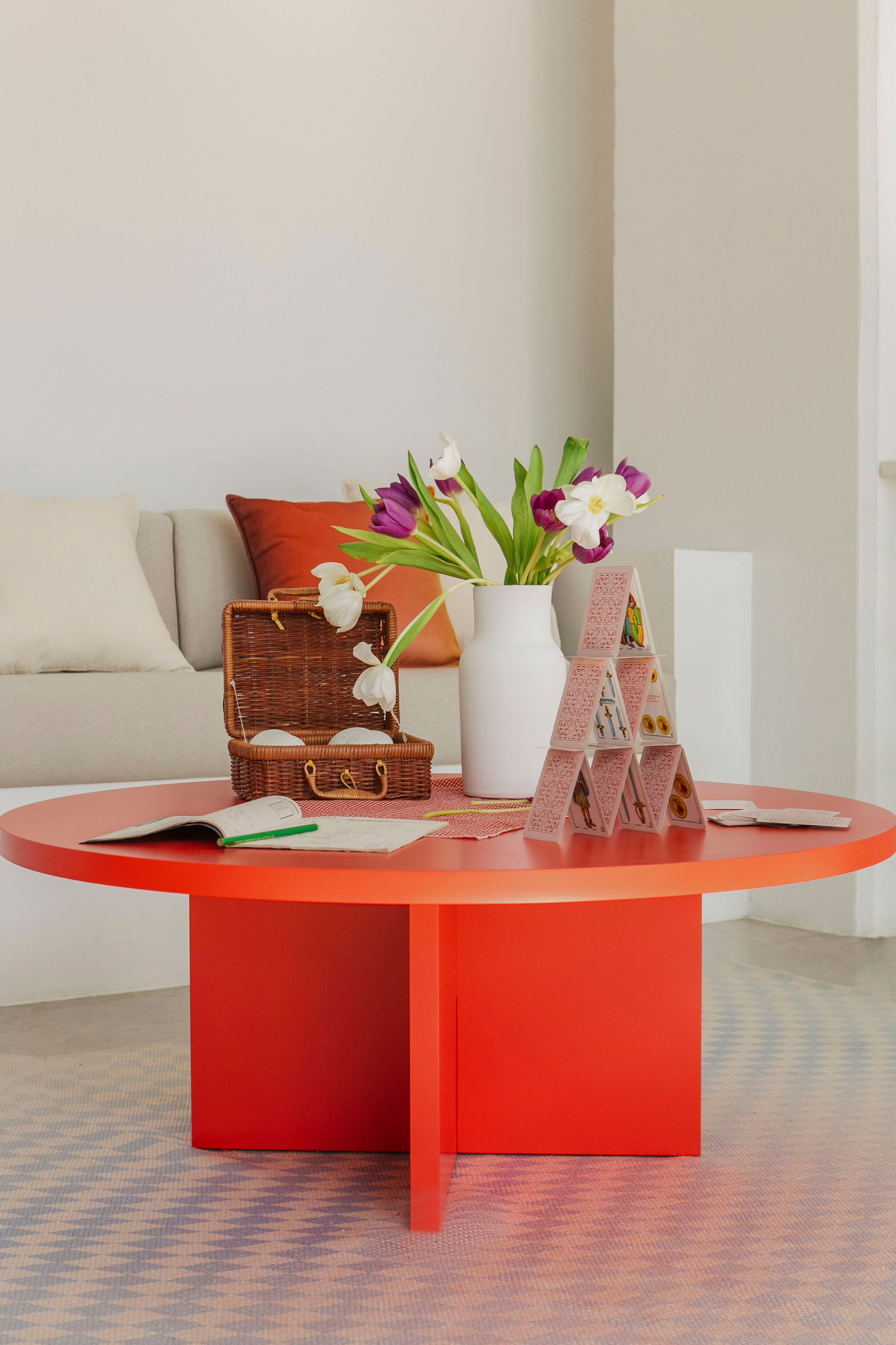 Round Coffee Table With Laminated Top - Flame Red/Taupe/Cedar Green/Prussian Blue