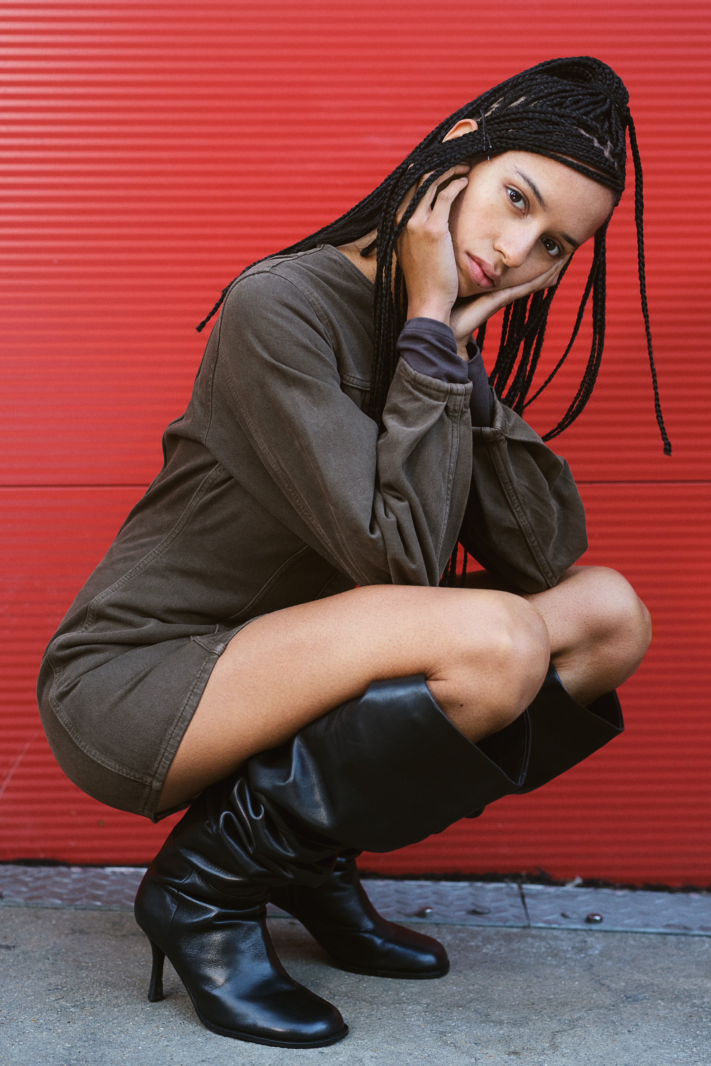 h&m brown denim dress