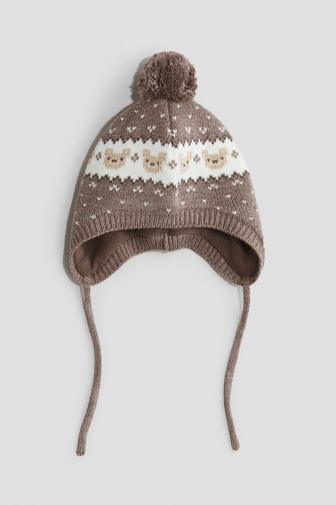 Beanie mit Ohrenklappen und Fleecefutter - Braun/Bären/Hellbeige/Herzen/Hellbeige/Helles Mattblau - 1