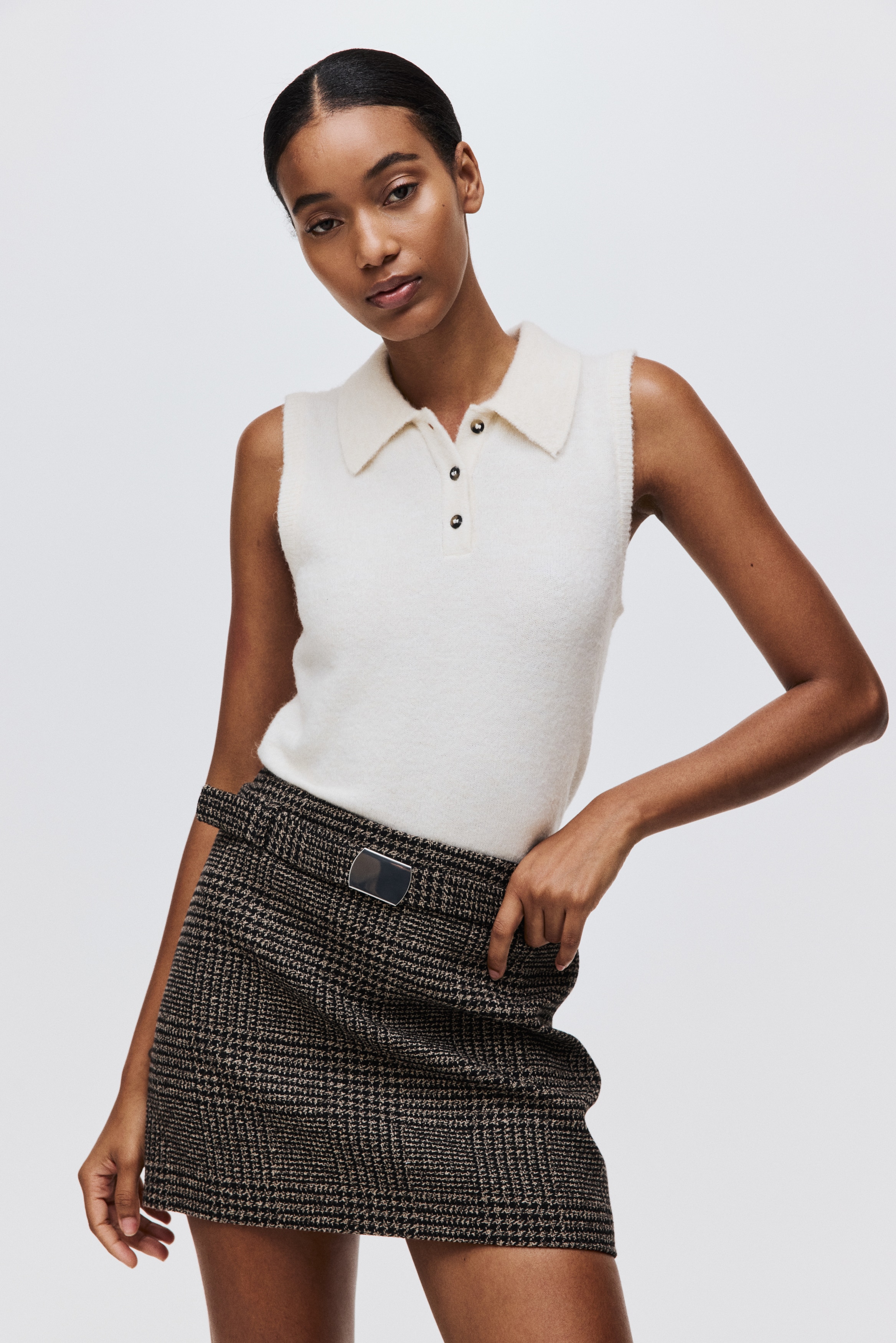 Minijupe avec ceinture Noir/carreaux - Size: 48  - H&M