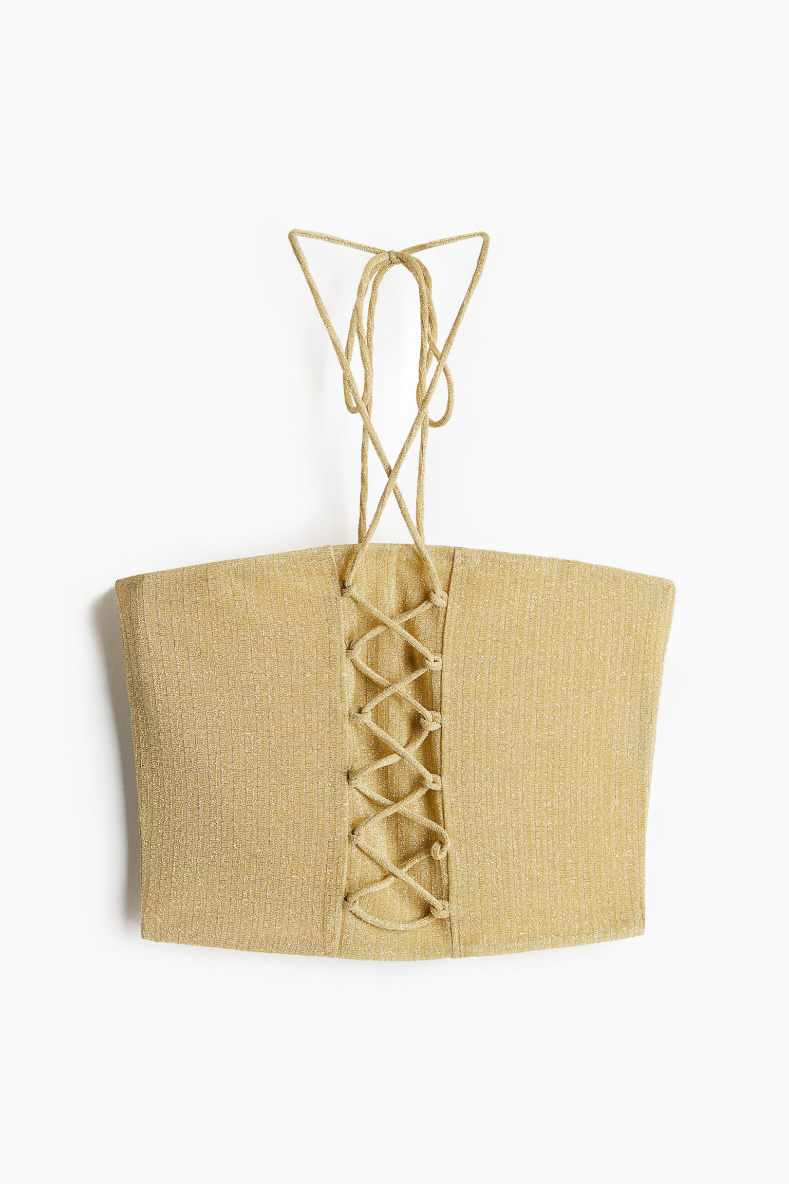Женский топ H&M Glittery Lacing-Detail Halterneck Top, цвет: Пыльный жёлтый — фото 1
