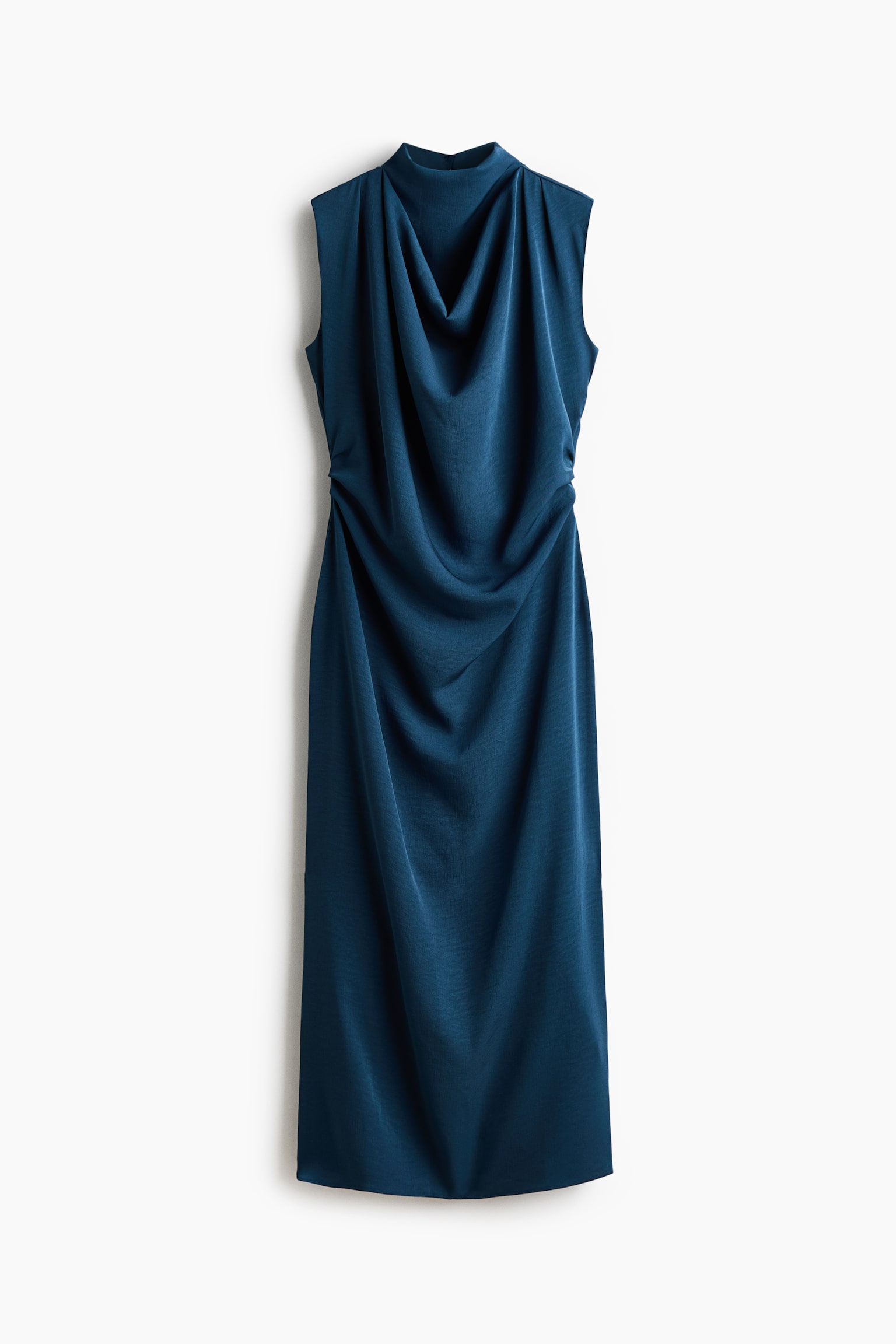 A dark teal, sleeveless dress is shown from the front, featuring a high mock neckline with a deep, draped cowl front. The fabric gathers at the sides of the waist, creating elegant vertical folds that cascade down the straight skirt.
