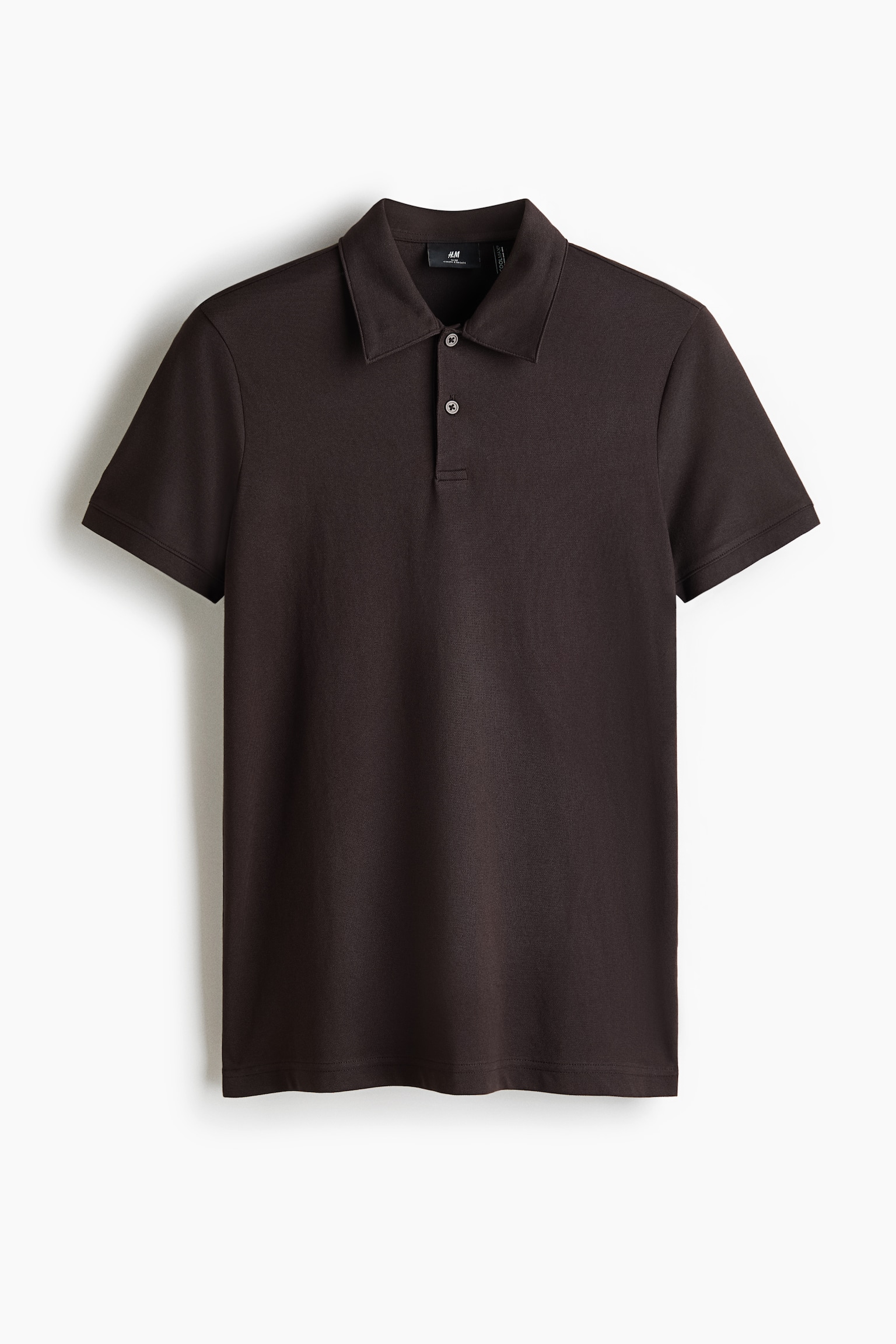 A dark brown polo shirt is displaying short sleeves, a polo collar, and a two-button placket. - 1
