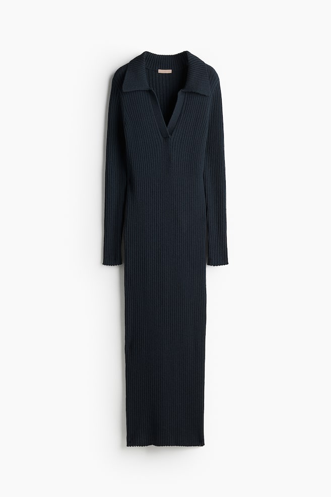 Rib-knit collared dress - Nearly black - 1