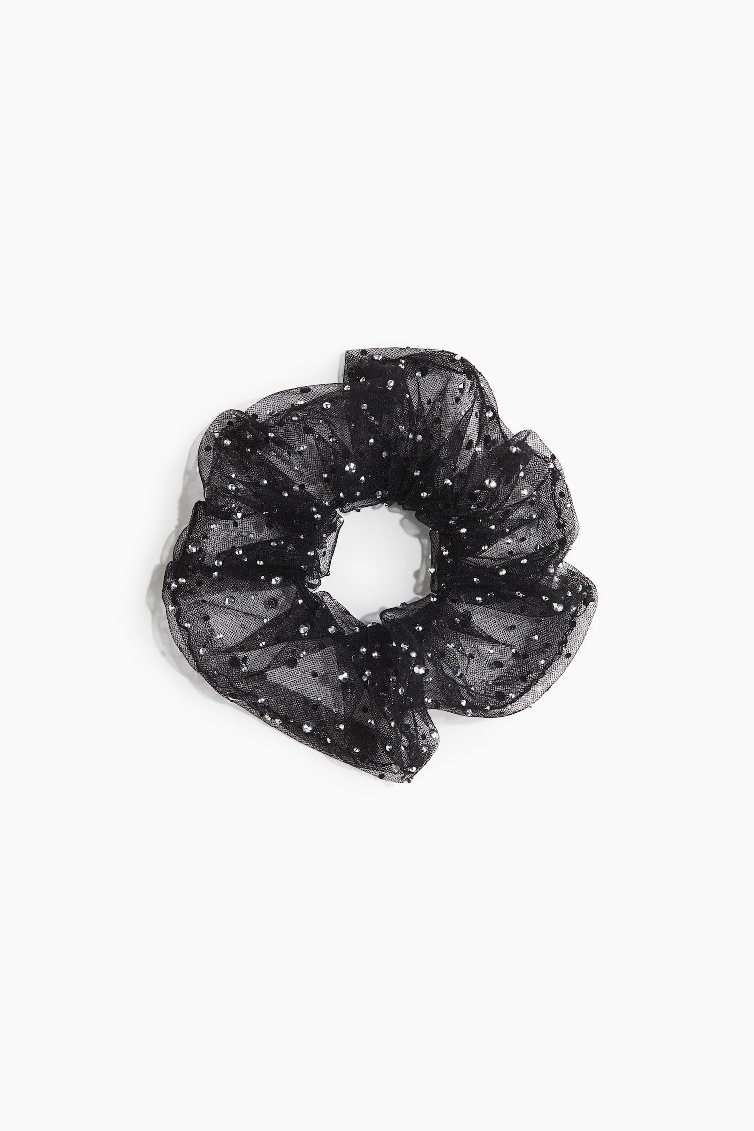 Rhinestone-embellished mesh scrunchie - Black - 1