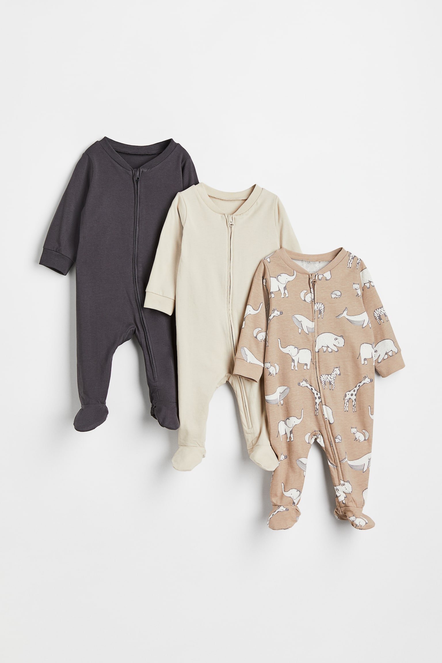 3-pack zip-up pyjamas - Beige/Animals - 1