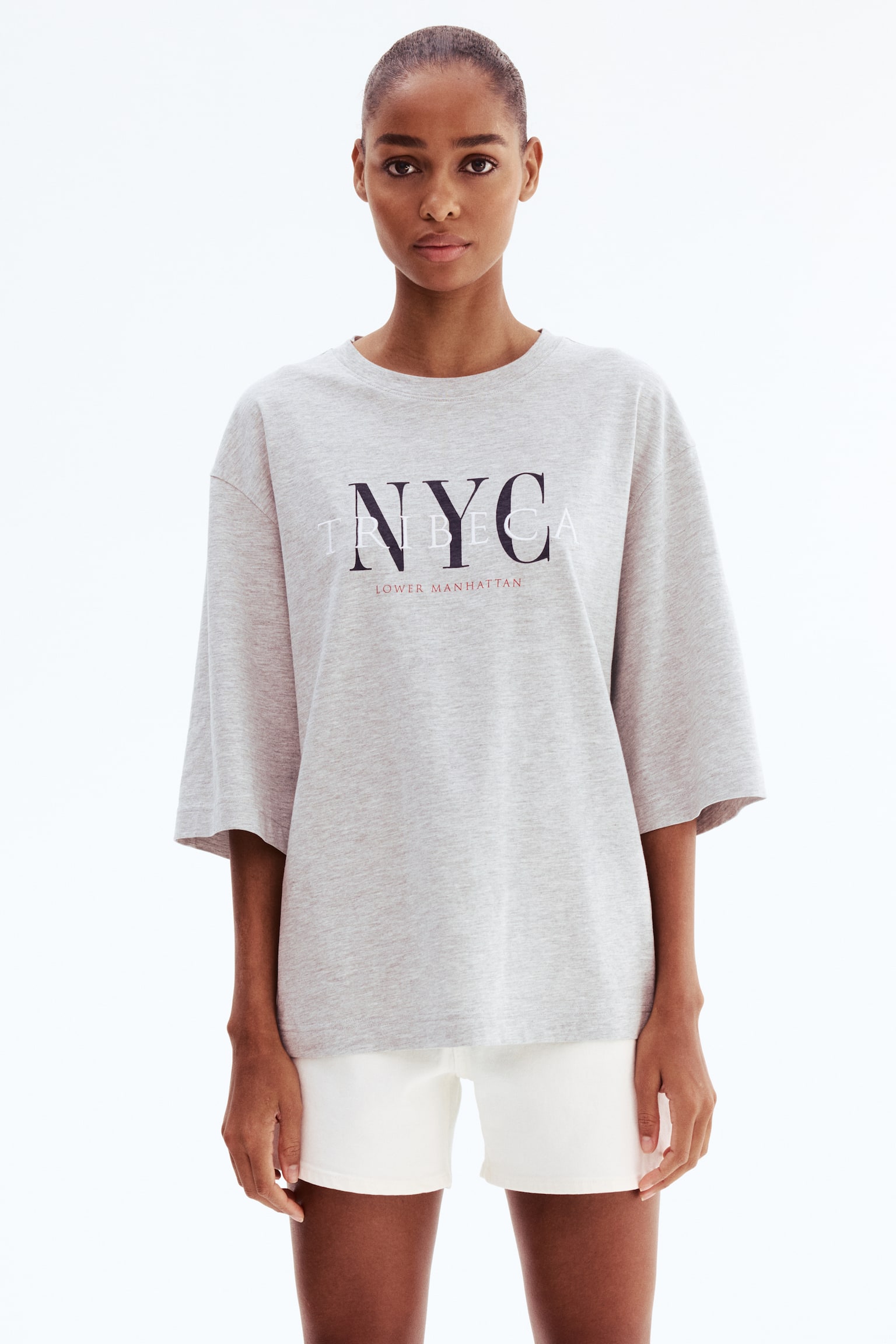Oversized Cotton T-Shirt - Light gray melange/NYC/Light beige - 3