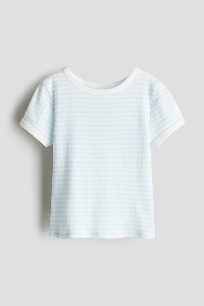 Short-sleeved pointelle jersey top - Light blue/Striped - 1
