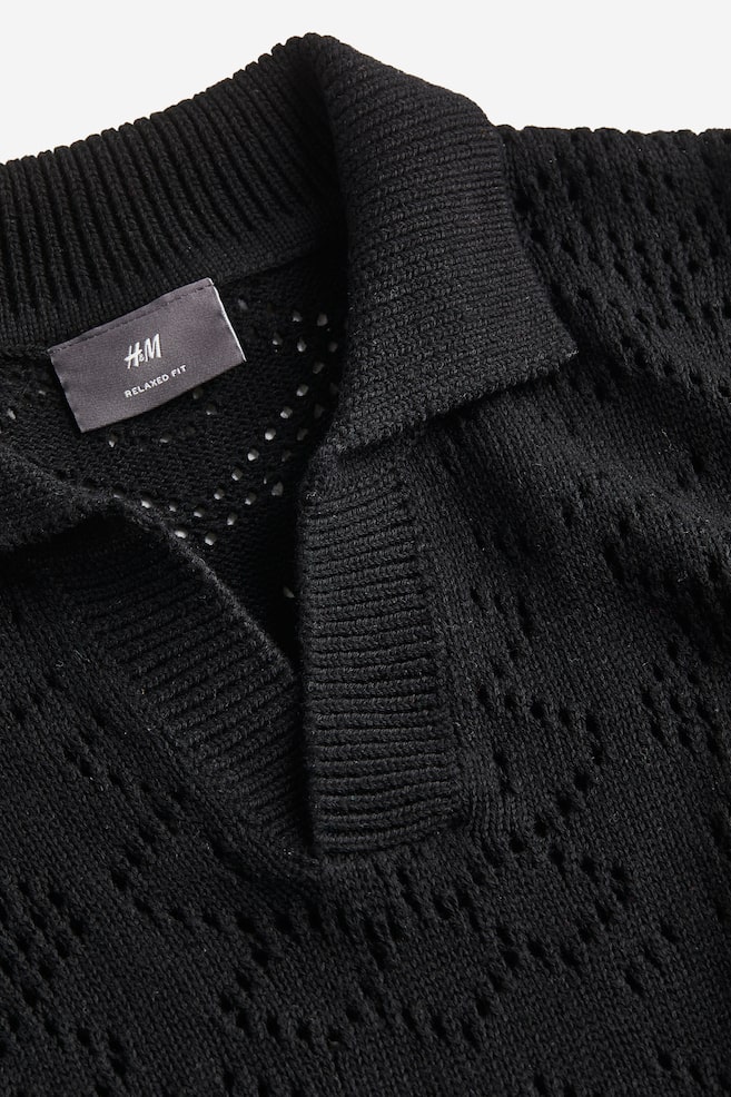Relaxed Fit Crochet-look polo shirt - Black - 7