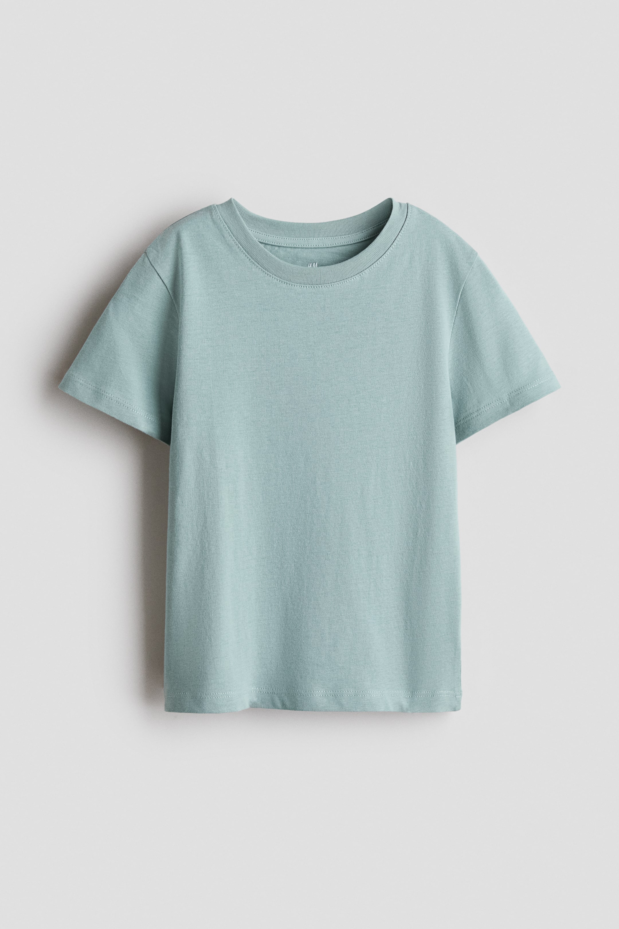 View larger image: A light blue-green T-shirt crafted from soft cotton jersey is showcasing its front, highlighting a ribbed crew neck and short sleeves.
