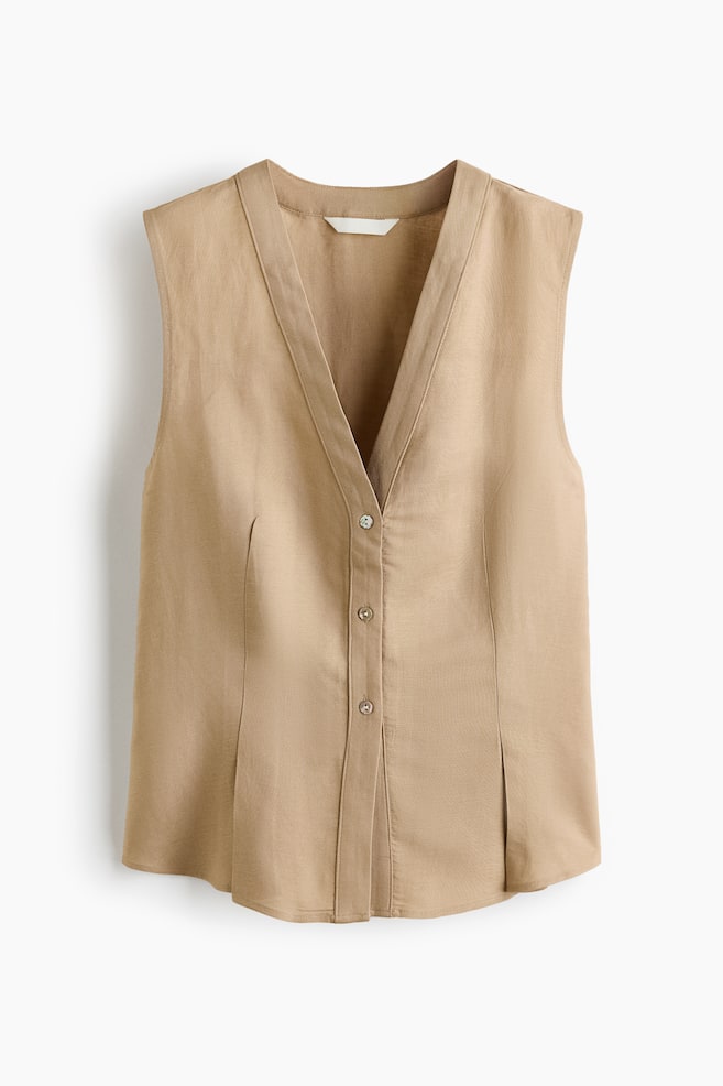 Linen-Blend V-Neck Vest - Beige - 1