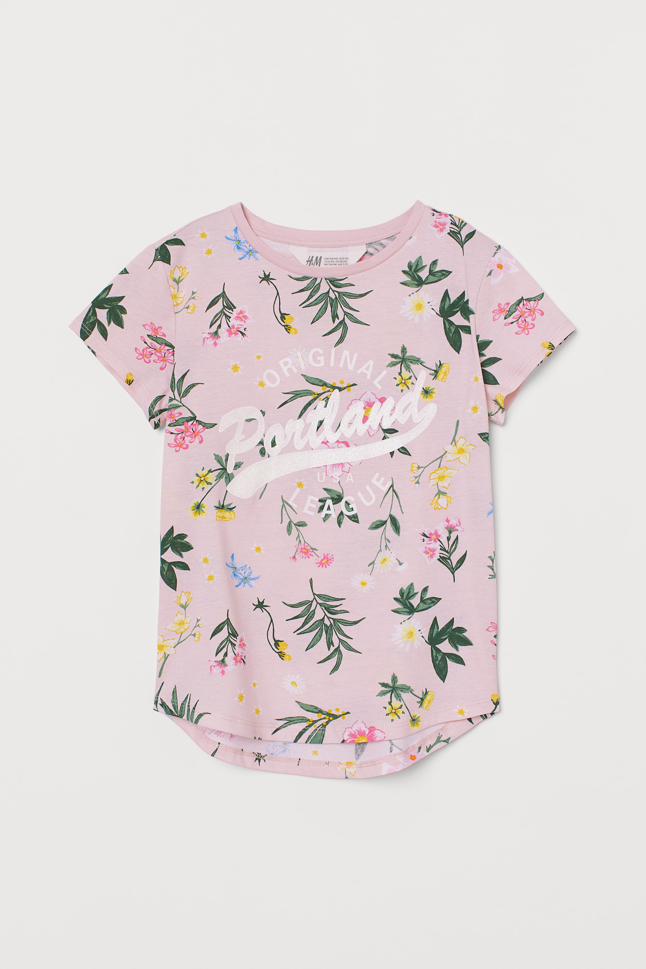 Printed jersey top - Round neck - Short sleeve - Light pink/Floral ...