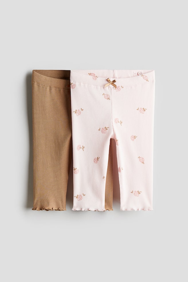 2-pack ribbed cotton leggings - Dark beige/Floral/Light pink/Spotted/Cream/Leopard-print - 1
