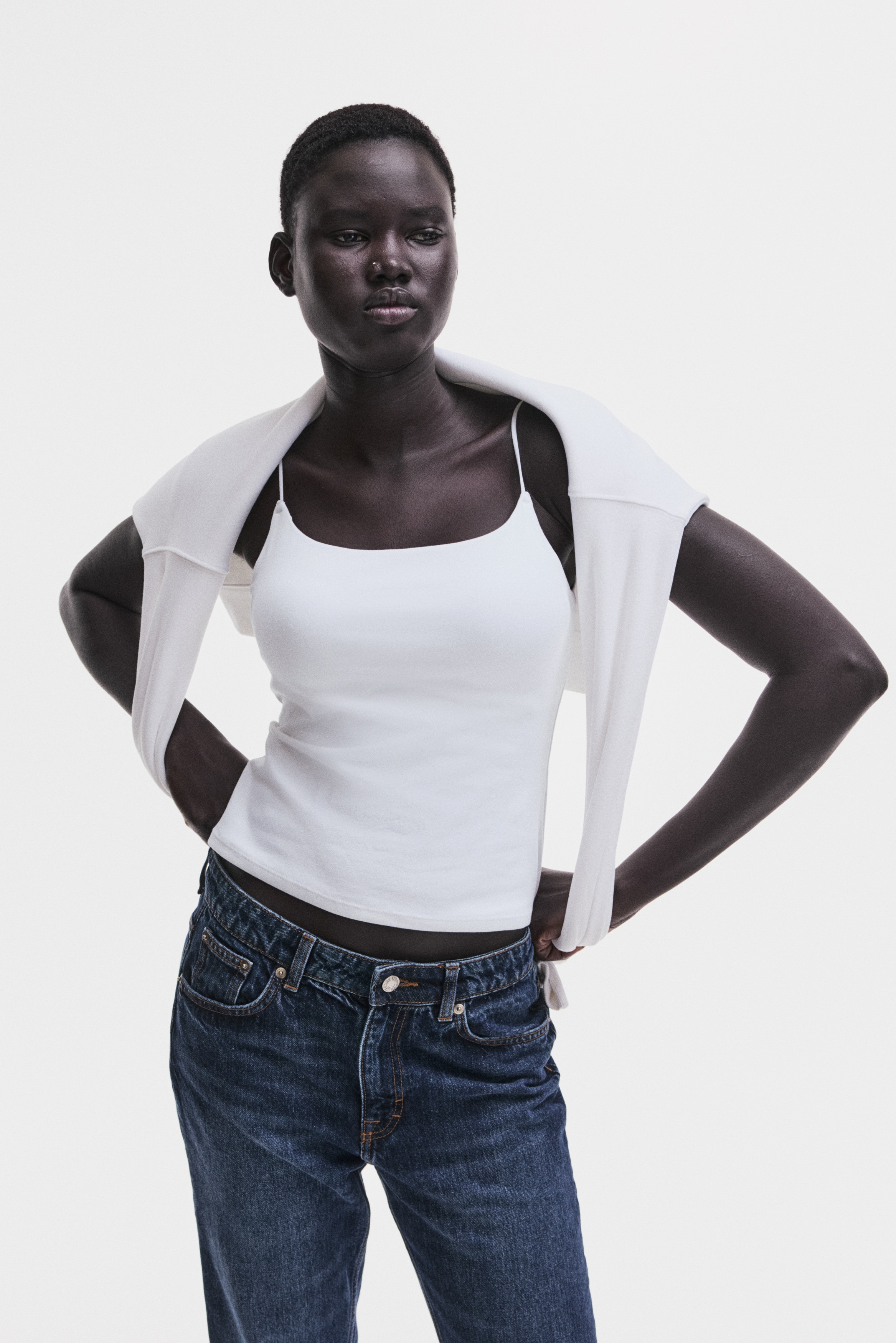 Integral-bra cotton strappy top - White/Black/Grey marl