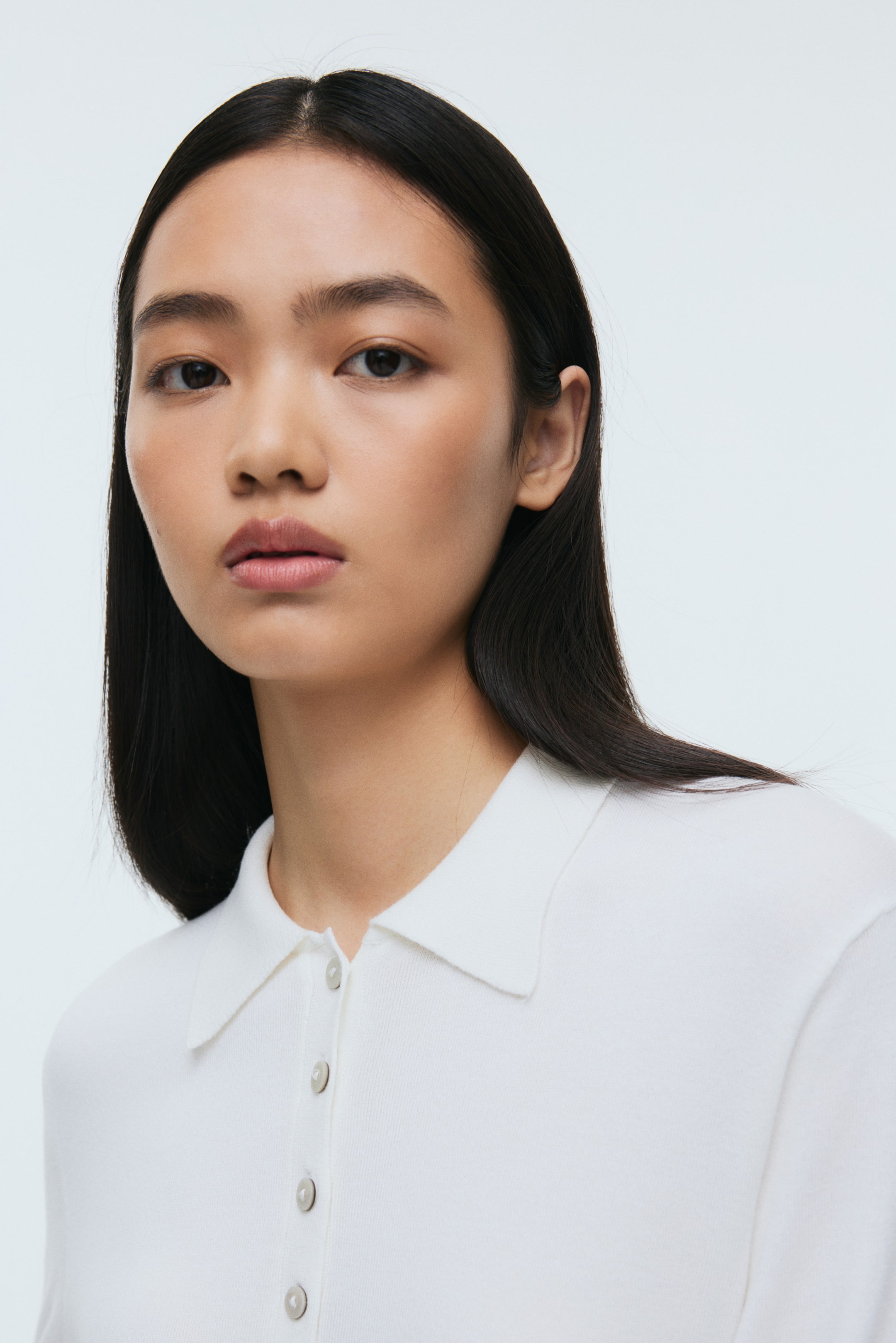 View larger image: Long-Sleeved Polo Shirt - White - Ladies | H&M US 3