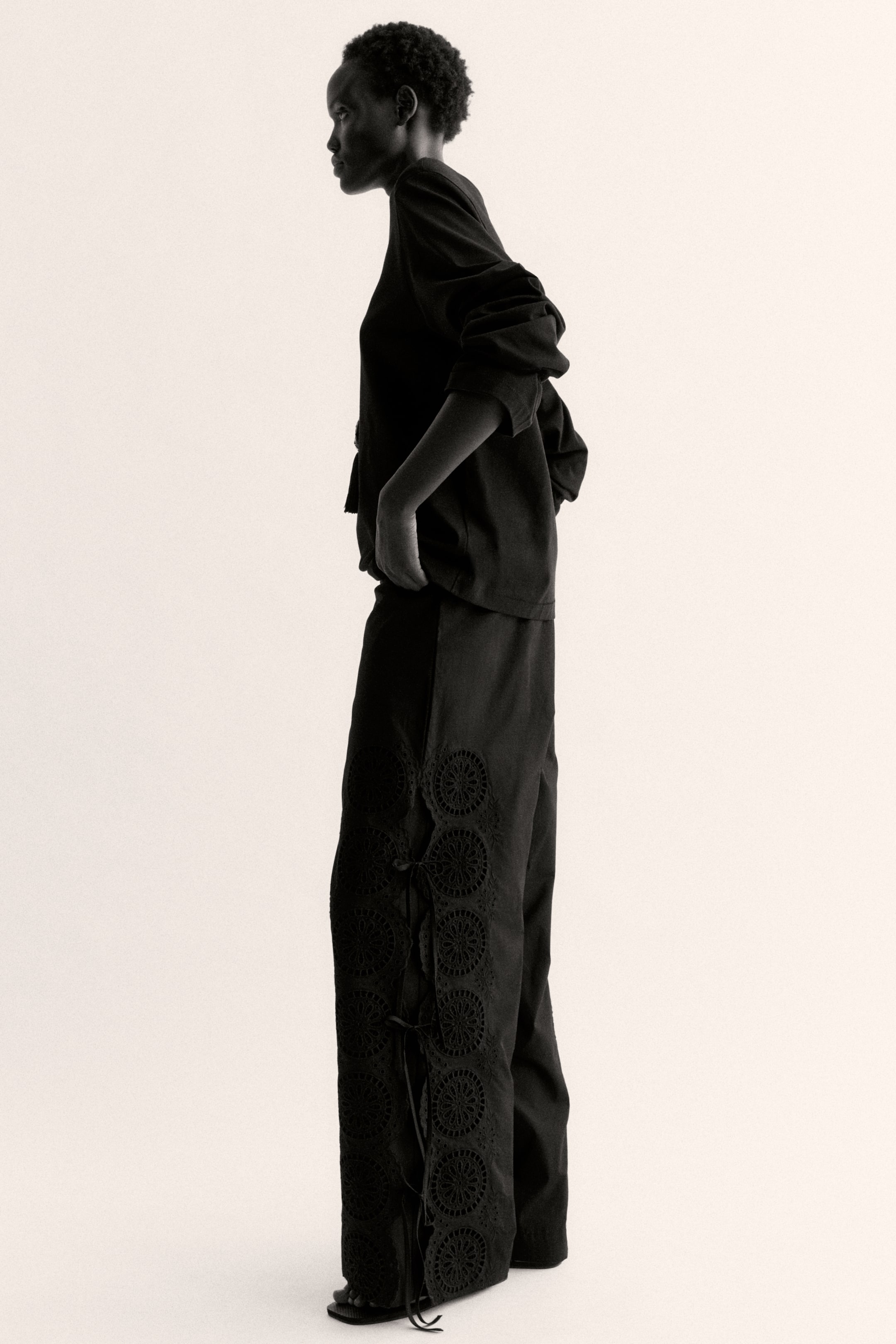 Tie-Detail Pants with Eyelet Embroidery