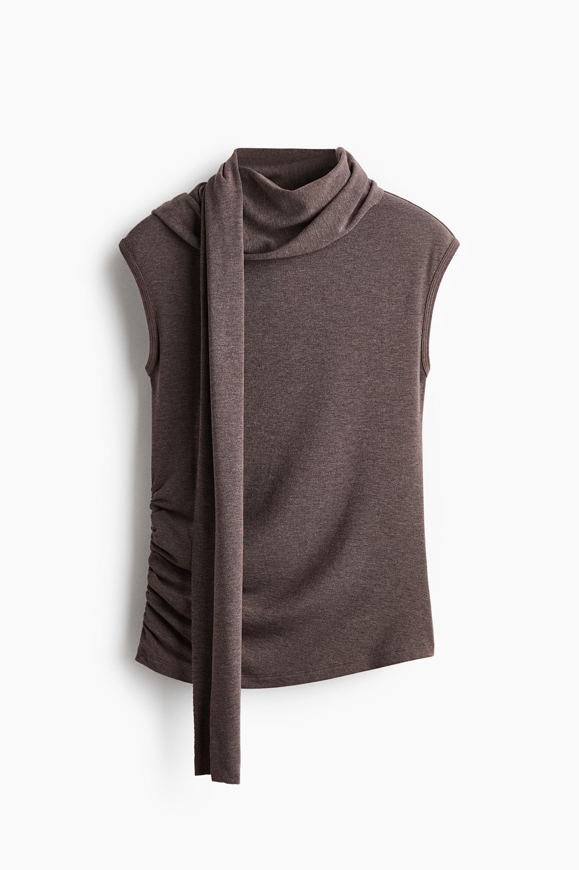 Top con collo a sciarpa - Marrone scuro mélange/Grigio scuro mélange