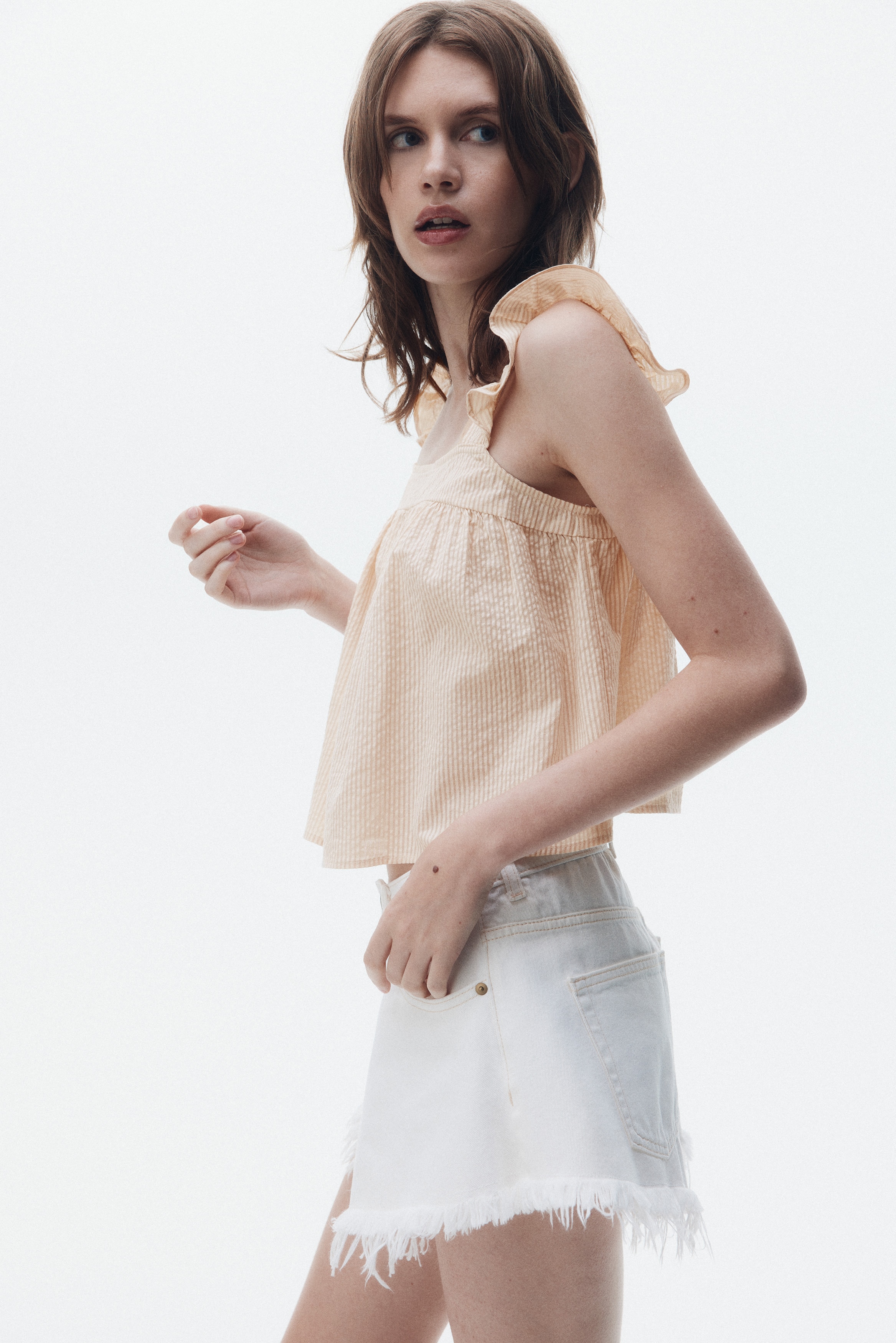 Top en seersucker de algodón - Beige claro/Franjas/Blanco/Azul claro/Cuadros
