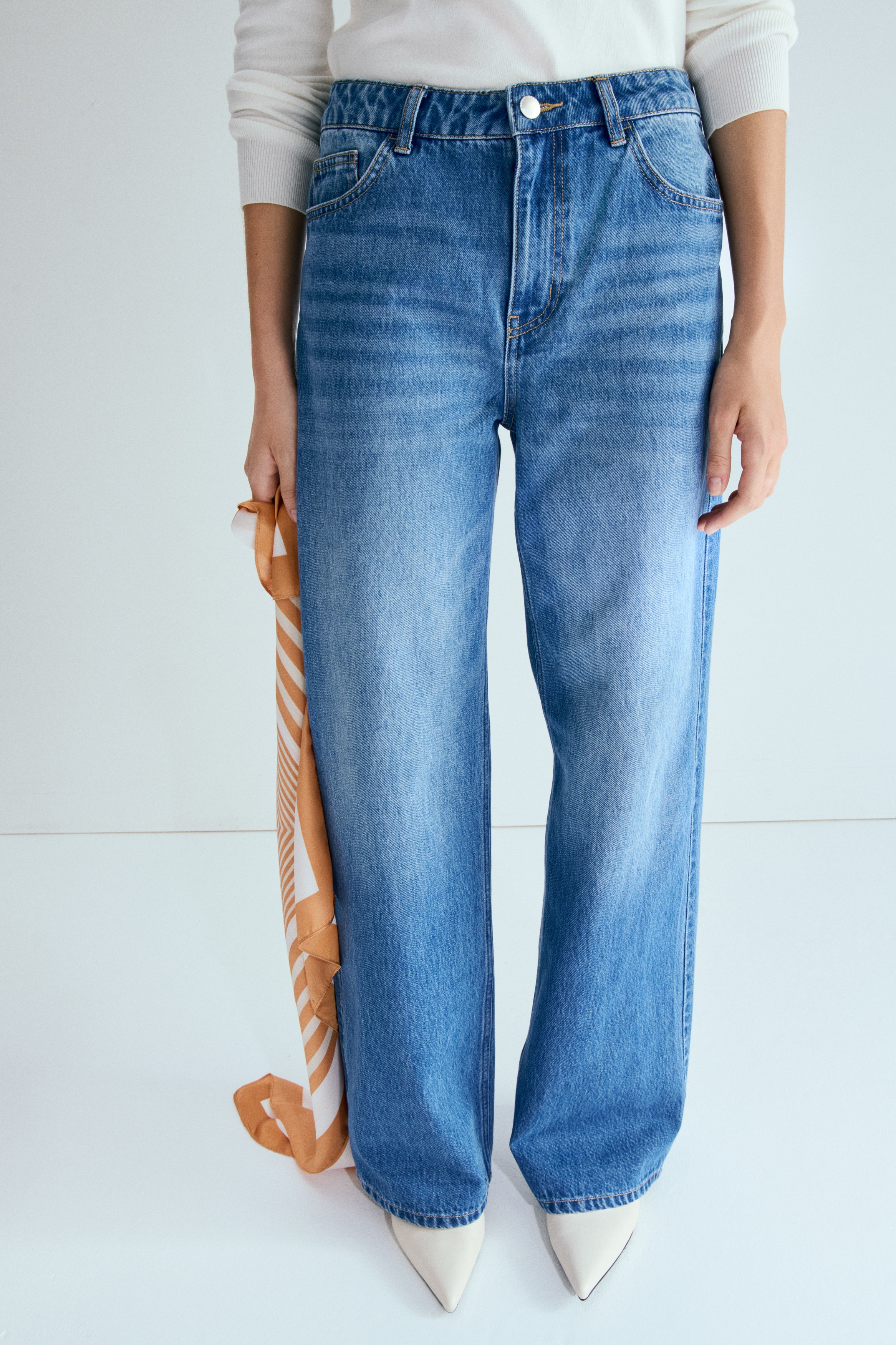 Straight High Waist Jeans Şal Detaylı