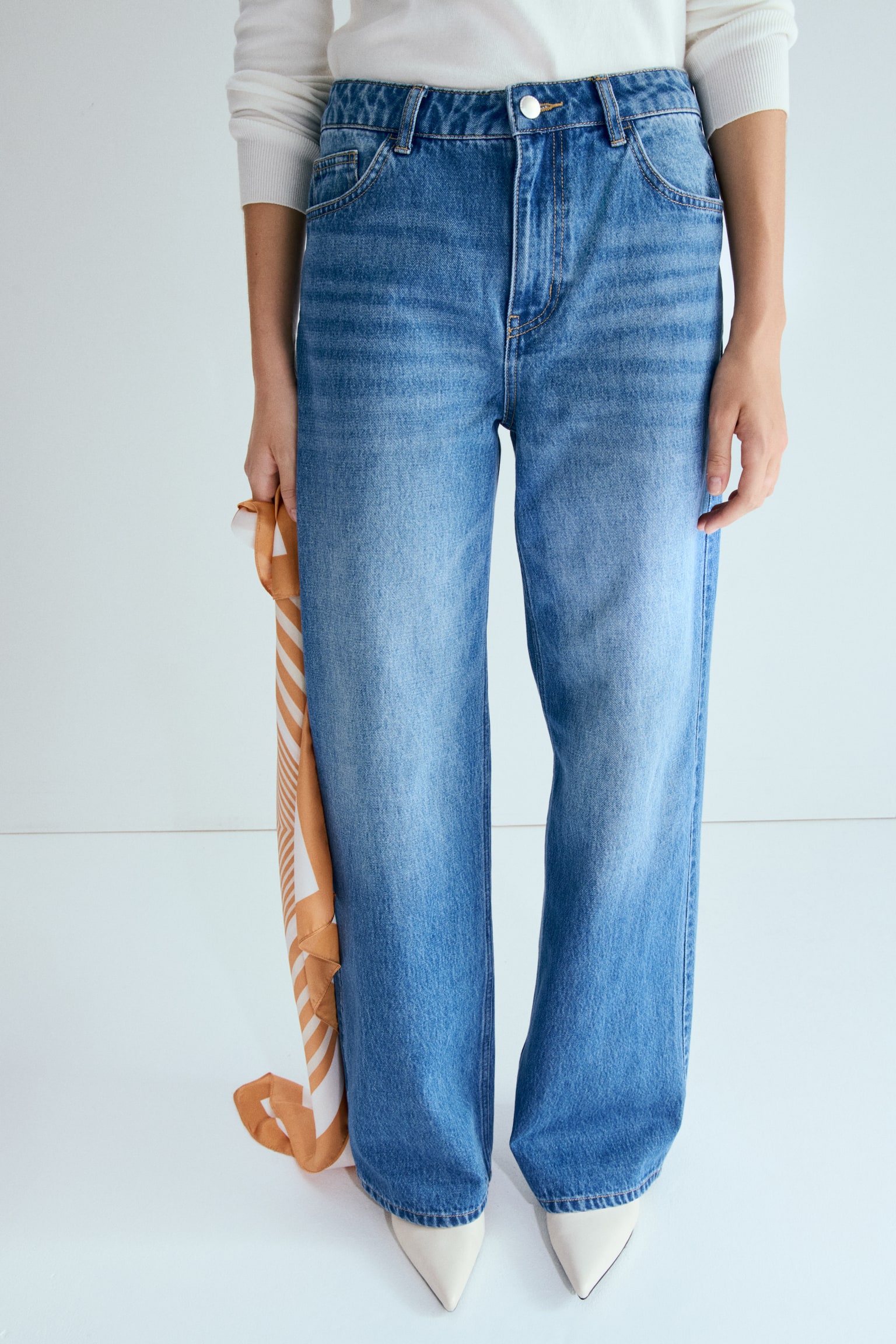 Jeans Straight High Waist con mascada - Azul denim/Anaranjado/Azul denim claro/Azul marino - 4