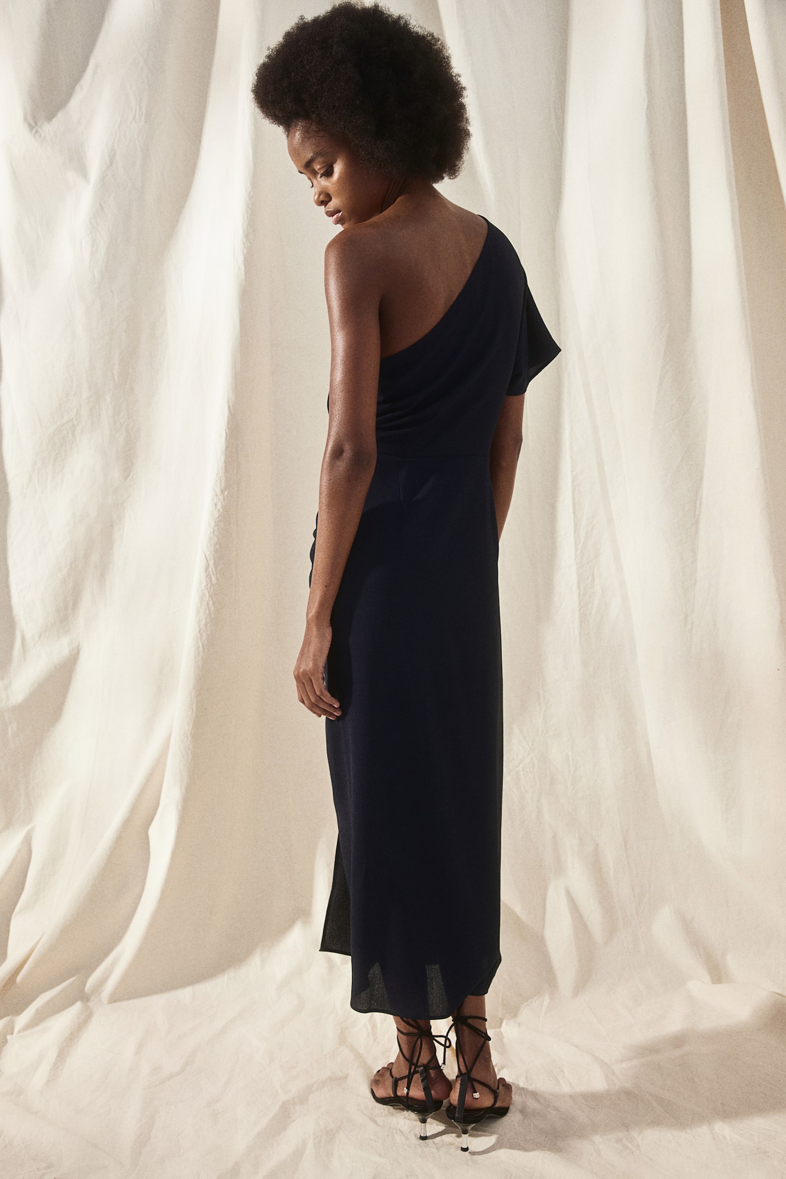 Draped One Shoulder Dress - Navy blue/Black/Dark green - 3