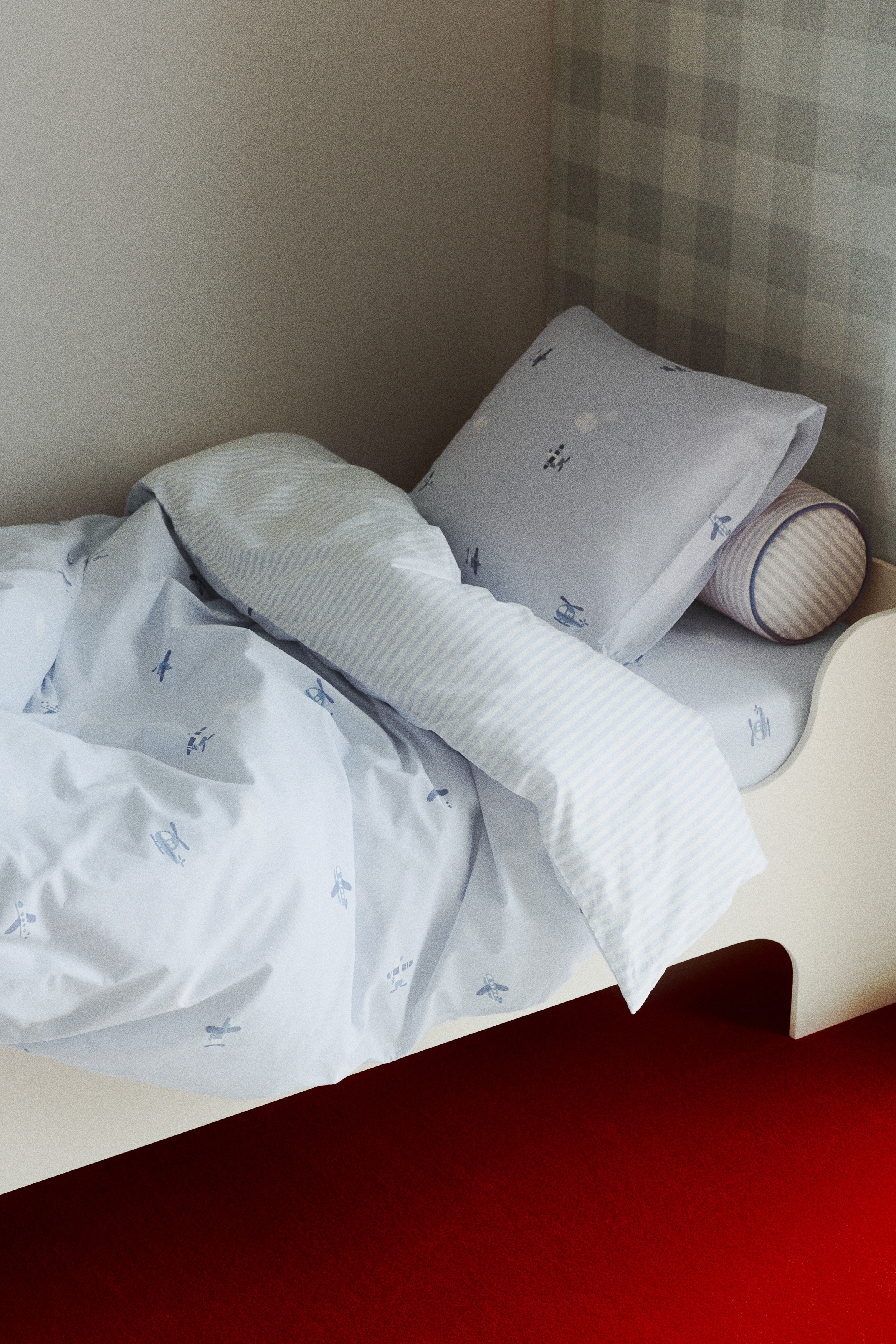 Patterned Cotton Duvet Cover Set - Light blue/planes