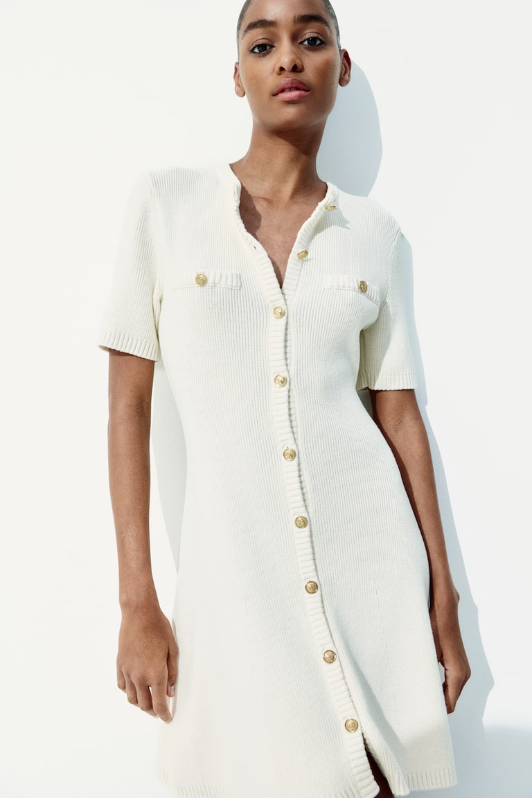 Rib-knit Button-front Dress Cream Ladies H&M US