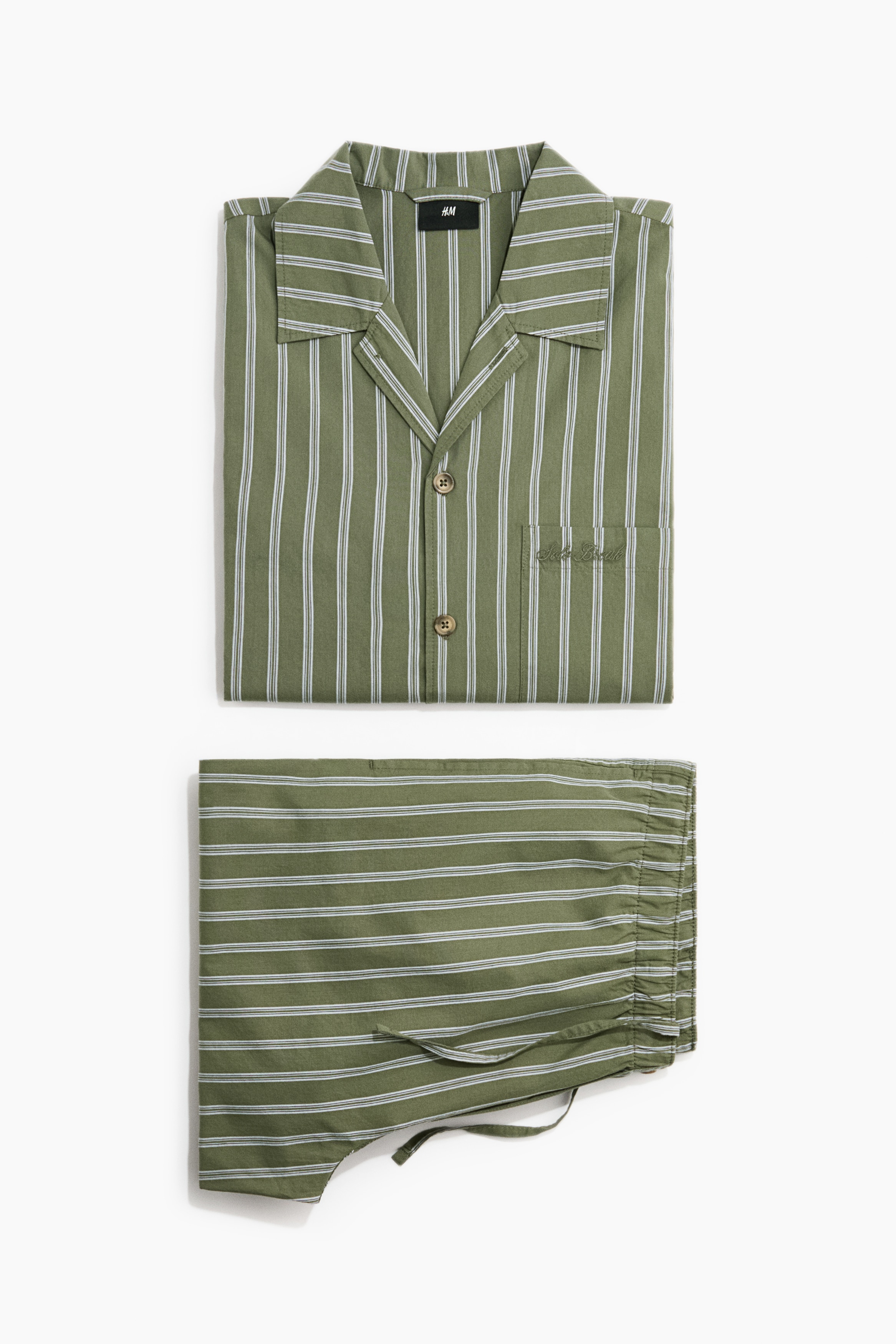 Camisa y pantalón de pijama en popelina - Verde caqui/Rayas/Azul claro/Rayas
