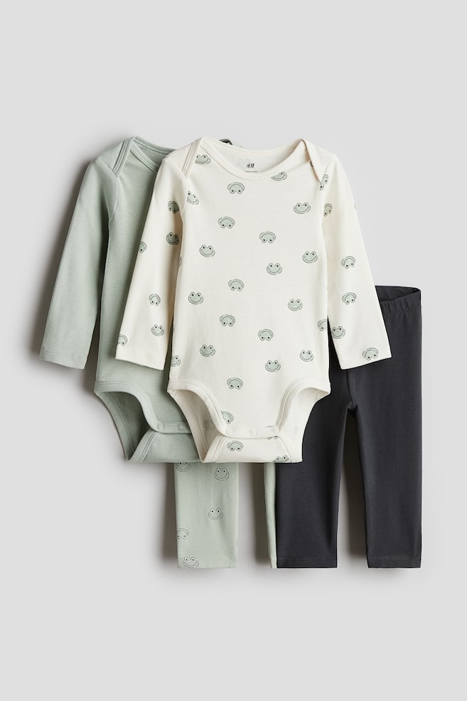 4-piece Cotton Jersey Set - Light dusty green/frogs/Dark gray/hearts/Beige/cherries - 1