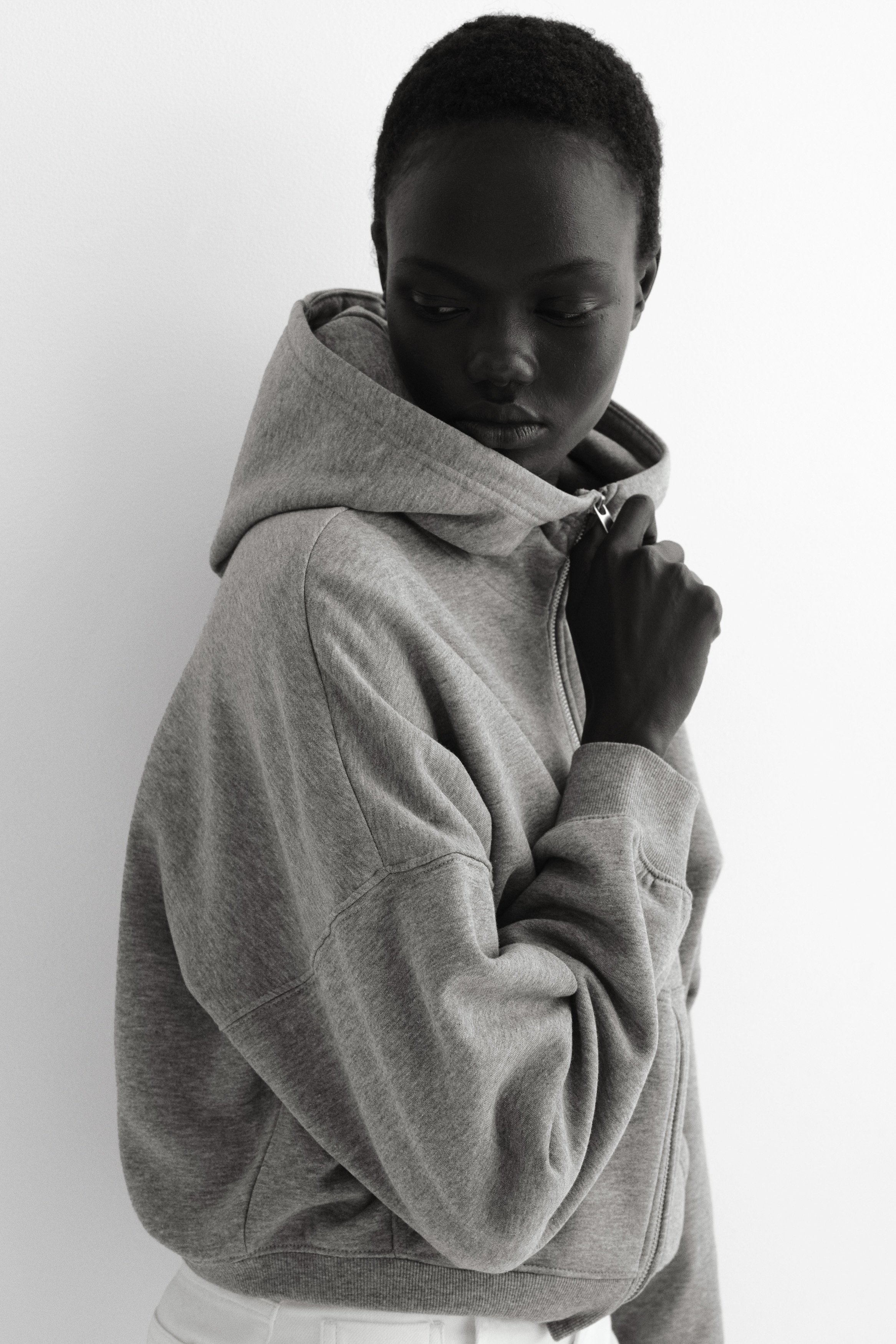 Felpa cappuccio e cerniera - Grigio mélange/Nero/Marrone/Rosa pesca chiaro