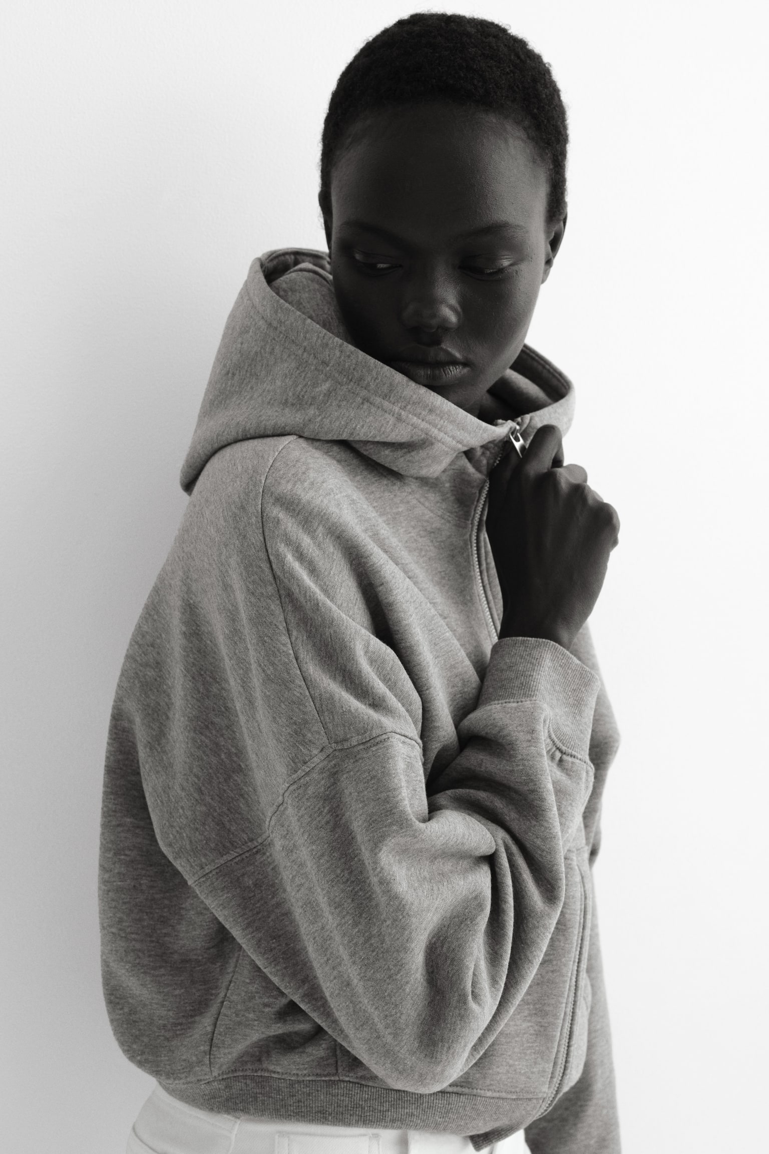 Zip-through hoodie - Grey marl/Black/Light peach pink/Brown - 1