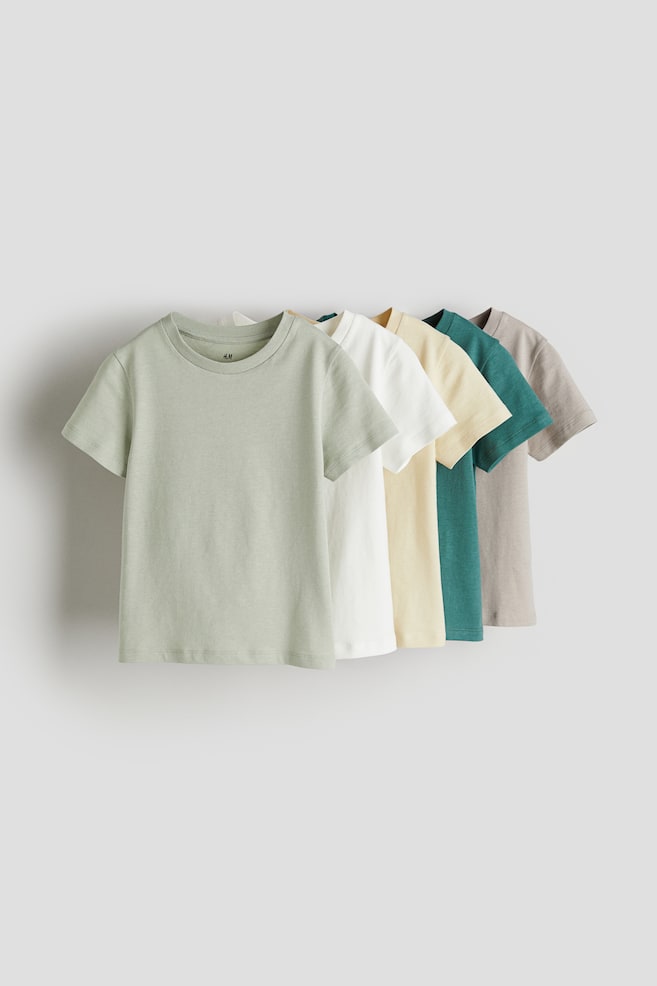 5-pak T-shirt i bomuld - Lysegrøn/Grøn/Lysegrå/Lysegråmeleret/Turkis/Stribet/Mørkeblå/Stribet/Marineblå/Gråmeleret - 1