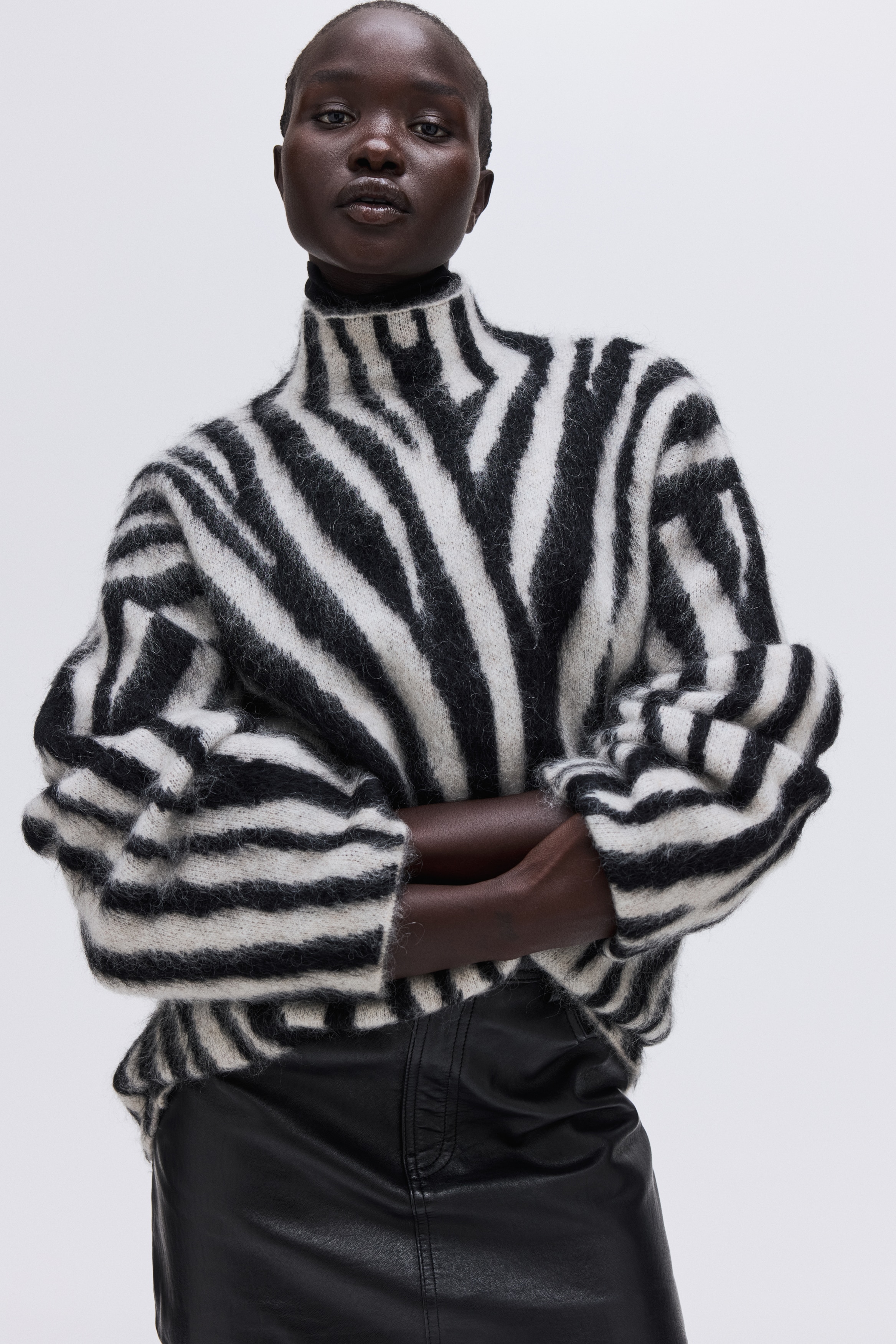 Mohair-Blend Mock Turtleneck Sweater - White/zebra print - Ladies
