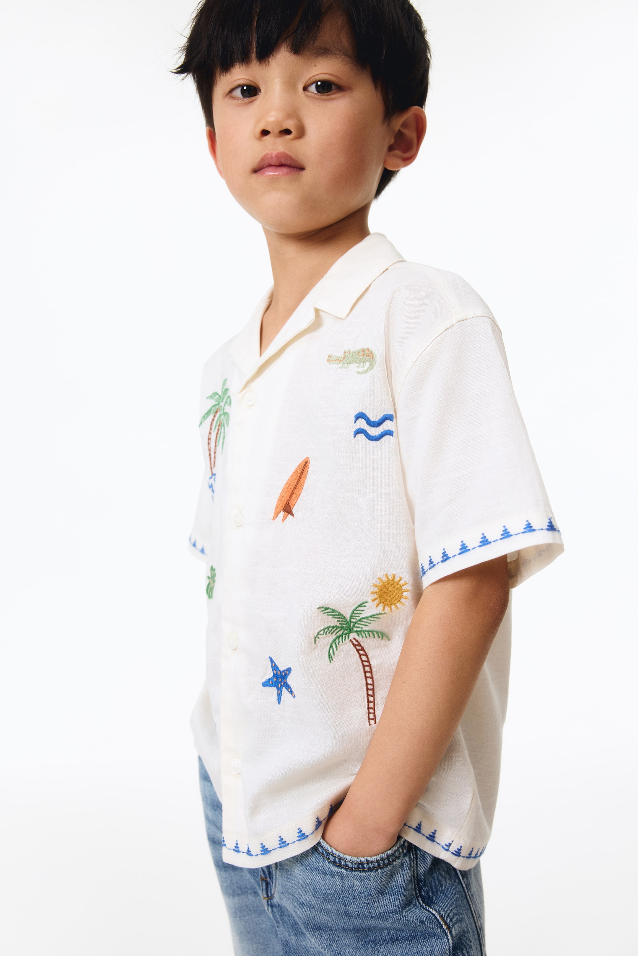 Chemise brodée en coton avec col cubain