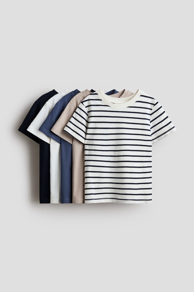コットンTシャツ 5枚セット - ベージュ／ブルー／クリーム/ブルー／ダークレッド／ブラウン/ネイビーブルー／ホワイト/ダークダスティグリーン／ダークブラウン/ブルー／ライトグレーメランジ/ダークグレー／ライトグレーメランジ/アプリコット／ブルー/ダークグリーン／ボーダー - 1