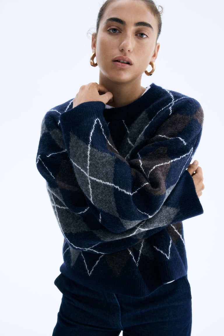 Pullover in maglia jacquard Blu navy/motivo a losanghe DONNA