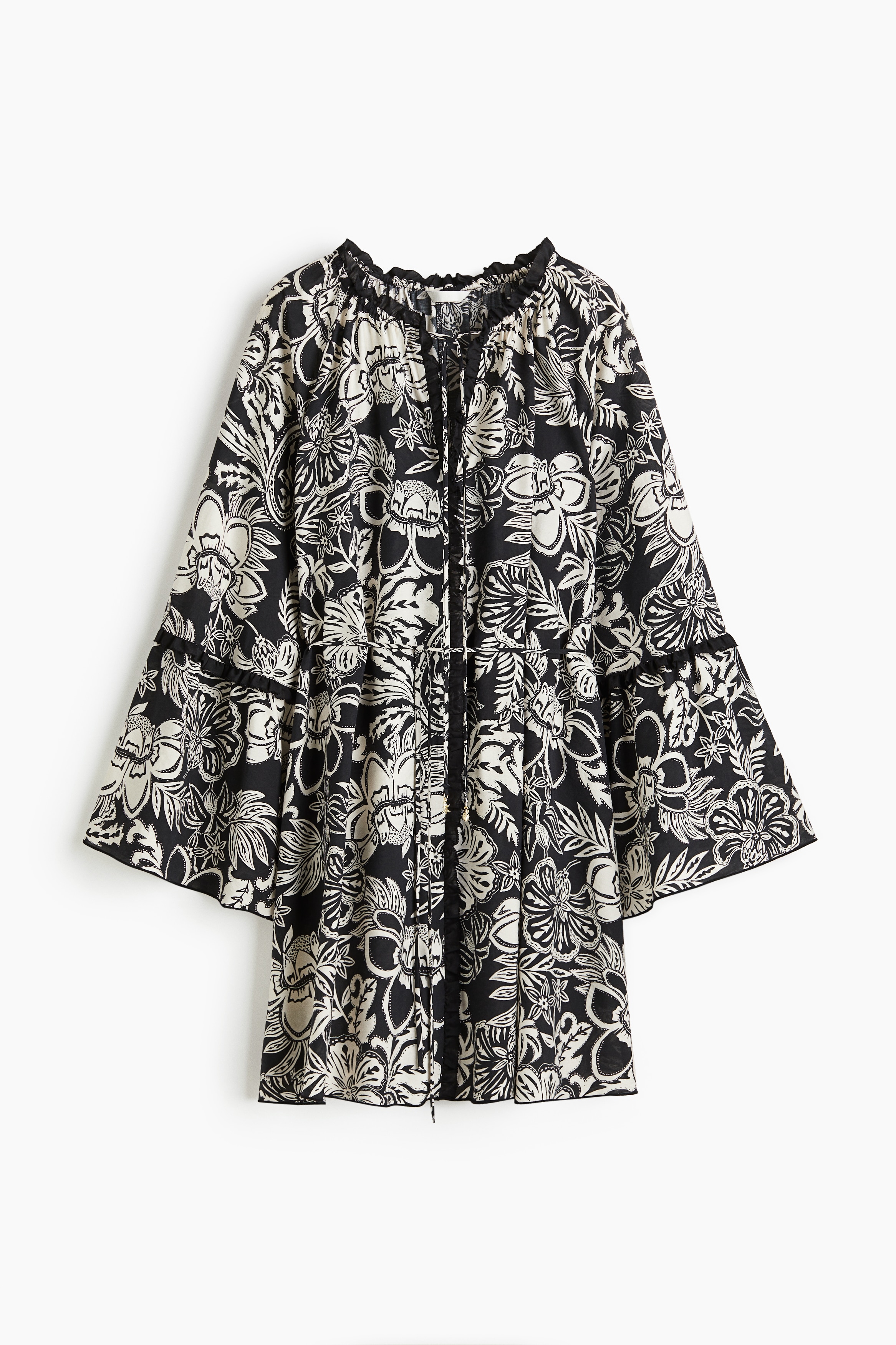 Abito a tunica con maniche scampanate - Nero/fiori/Bordeaux/Marrone scuro