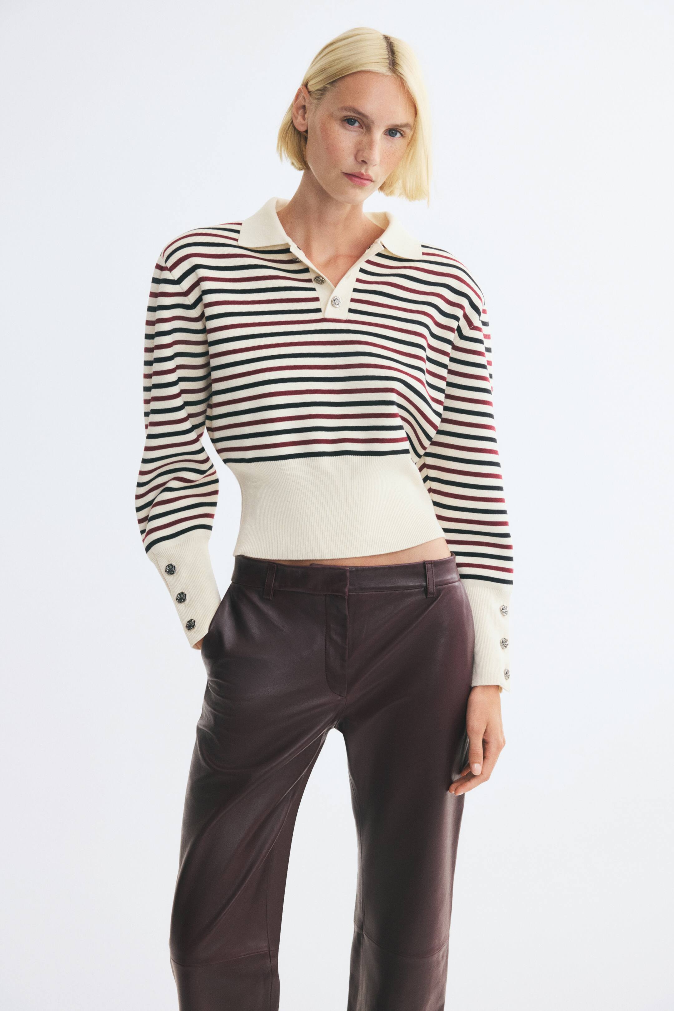 View larger image: Shoulder-pad fine-knit polo shirt - Cream/Striped - Ladies | H&M 1