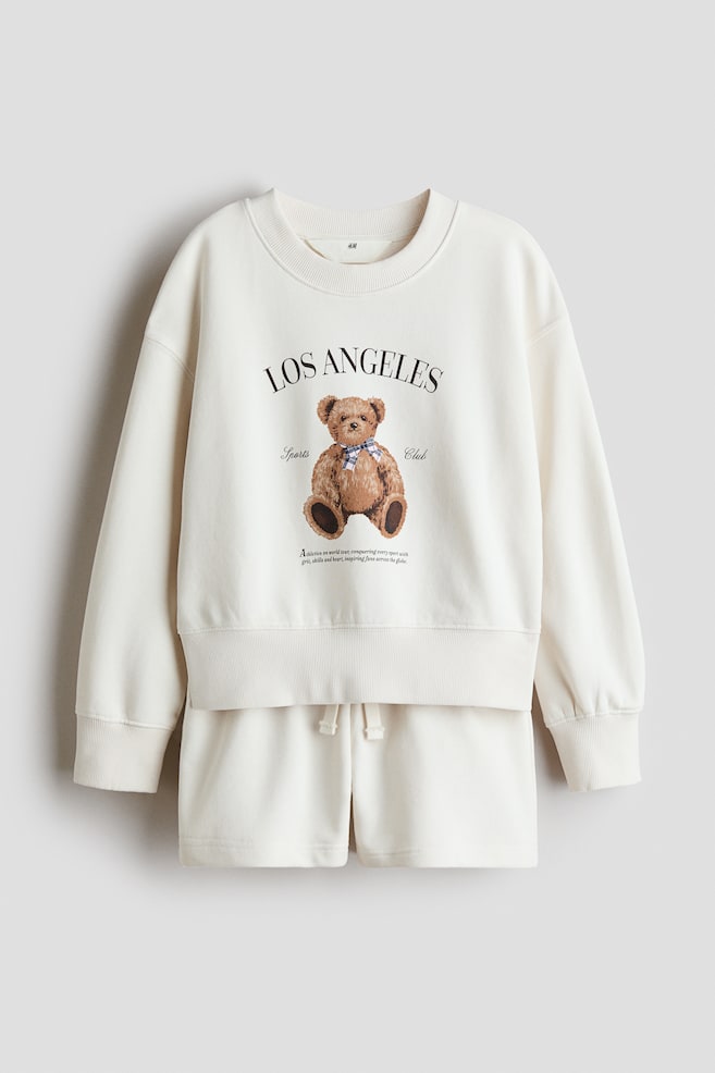 2-Piece Sweatshirt and Sweatshorts Set - Cream/teddy bear/Navy blue - 1