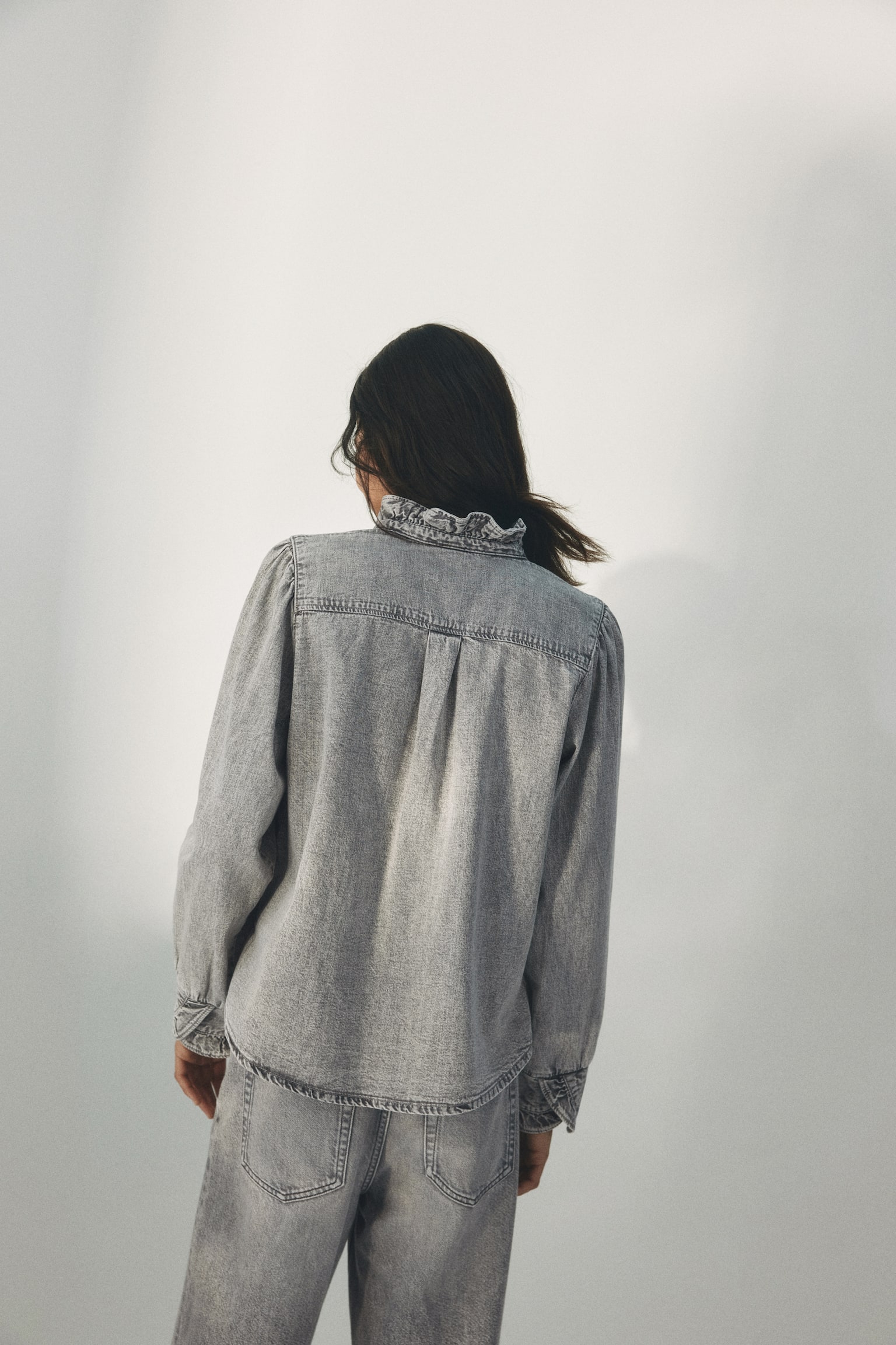 Blouse volantée en denim-Gris - 3