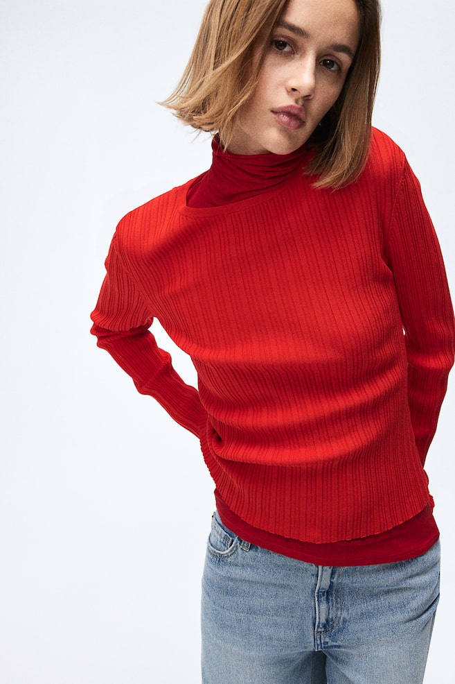 Rib-knit top - Bright red/Cream/Black - 1