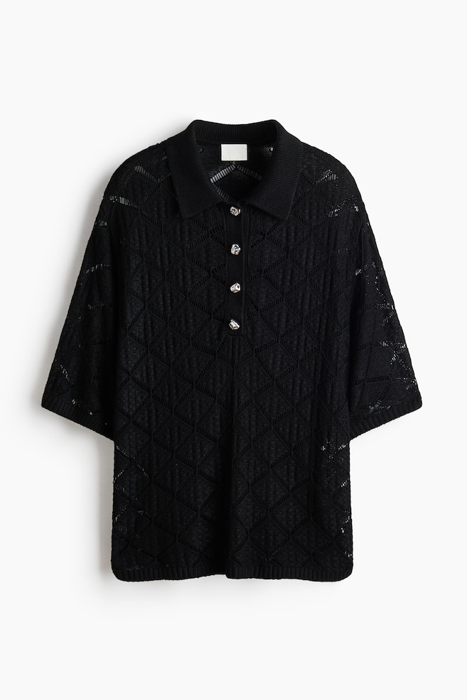 Crochet-Look Polo Shirt - Black - 1