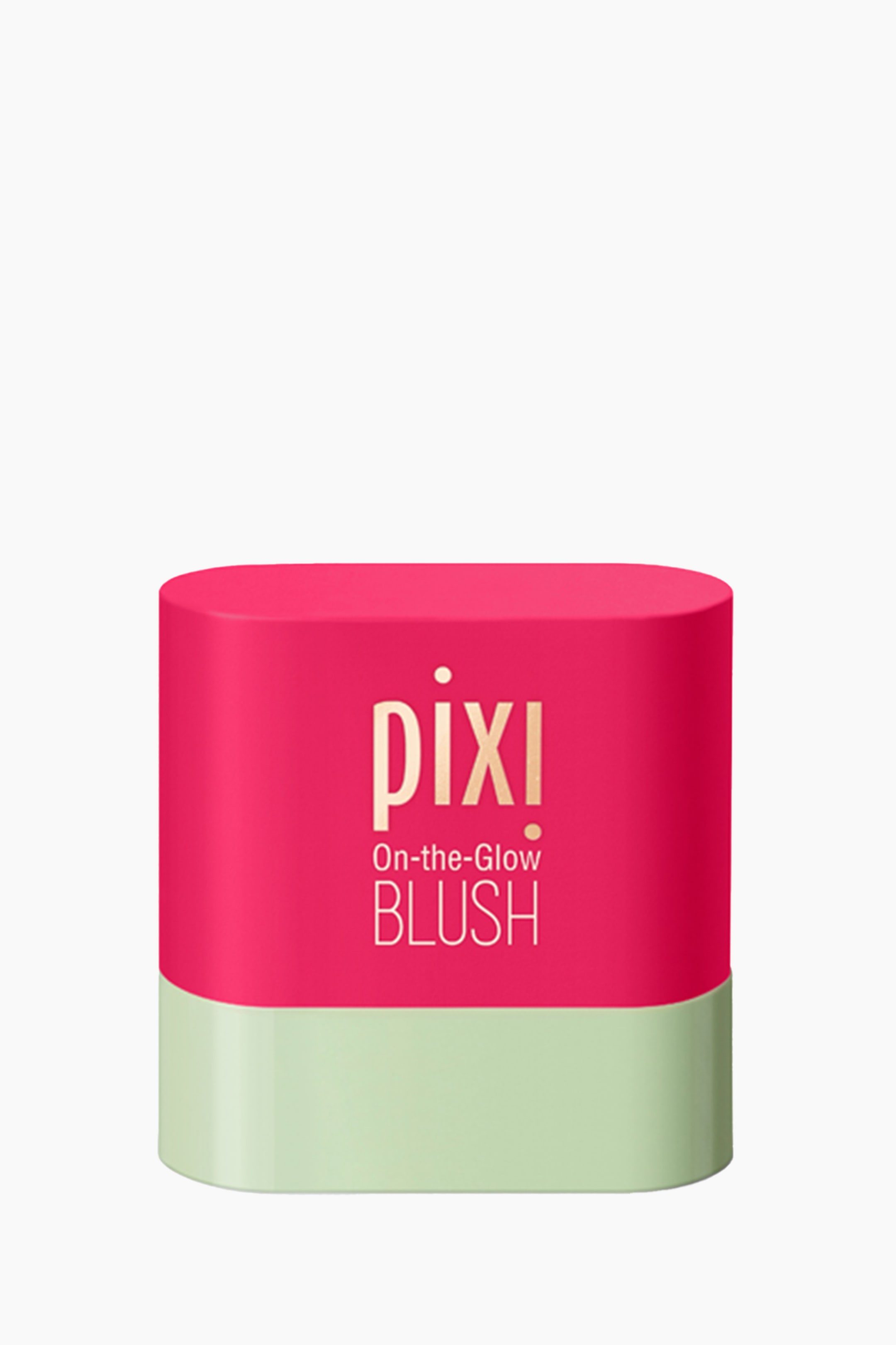 Visa större bild: En Pixi On-the-Glow Blush-sticka står upprätt, vänd framåt. Förpackningen har en ljusrosa toppsektion med "pixi On-the-Glow BLUSH" i guldfärgad text och en ljusgrön bottensektion.